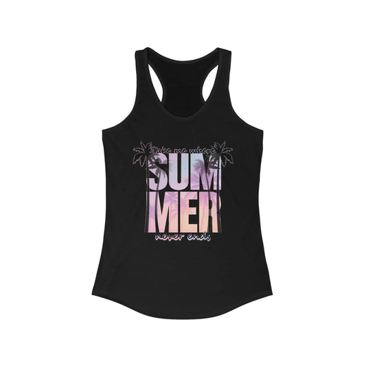 Black tank top with palm trees design and 'Take me where Summer never ends' text