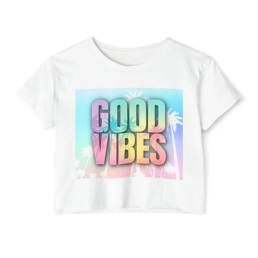 White t-shirt with 'Good Vibes' graphic on a white background