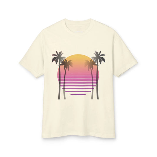 Beige t-shirt with a colorful palm tree design on a white background
