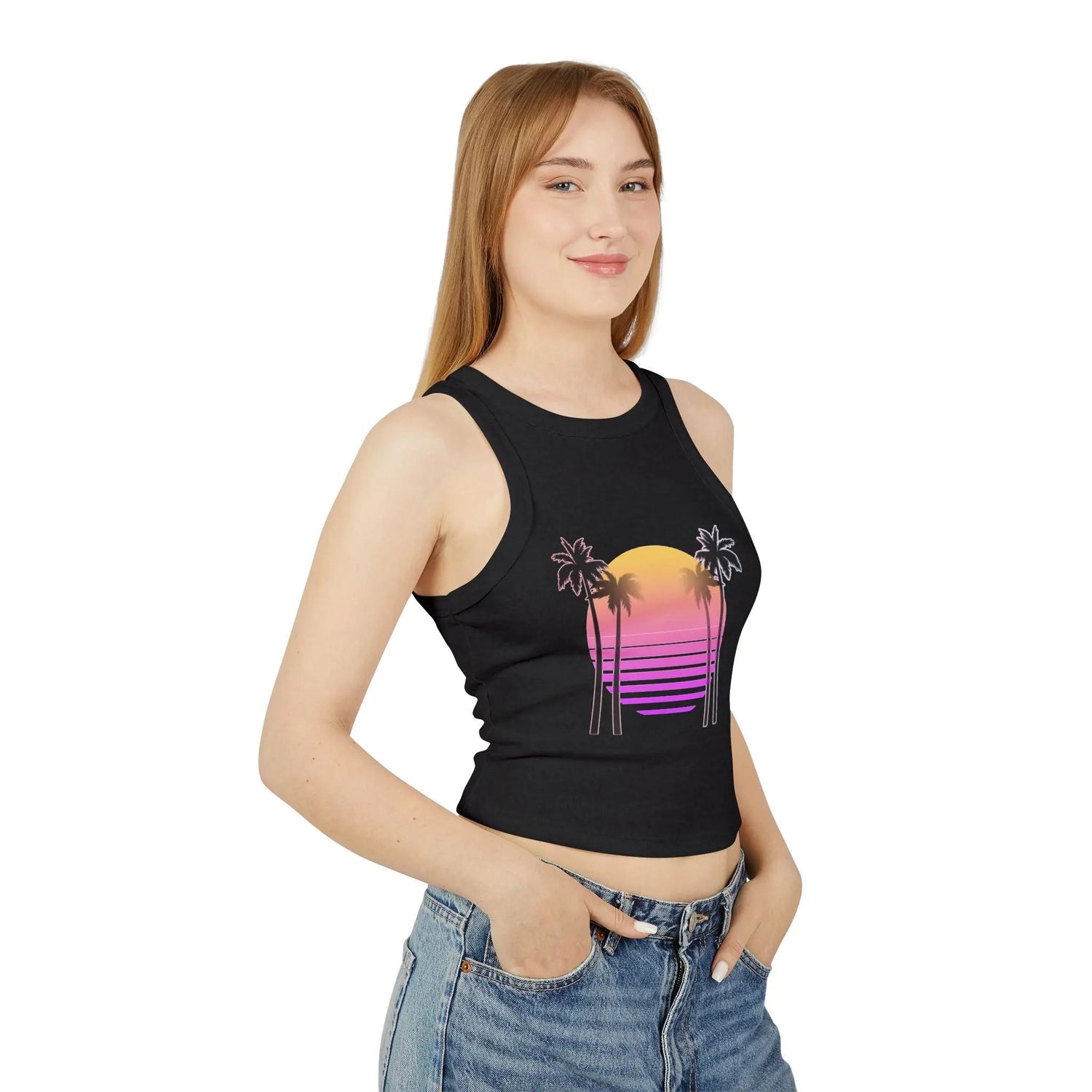 Woman wearing a black tank top with a colorful palm tree design on a white background