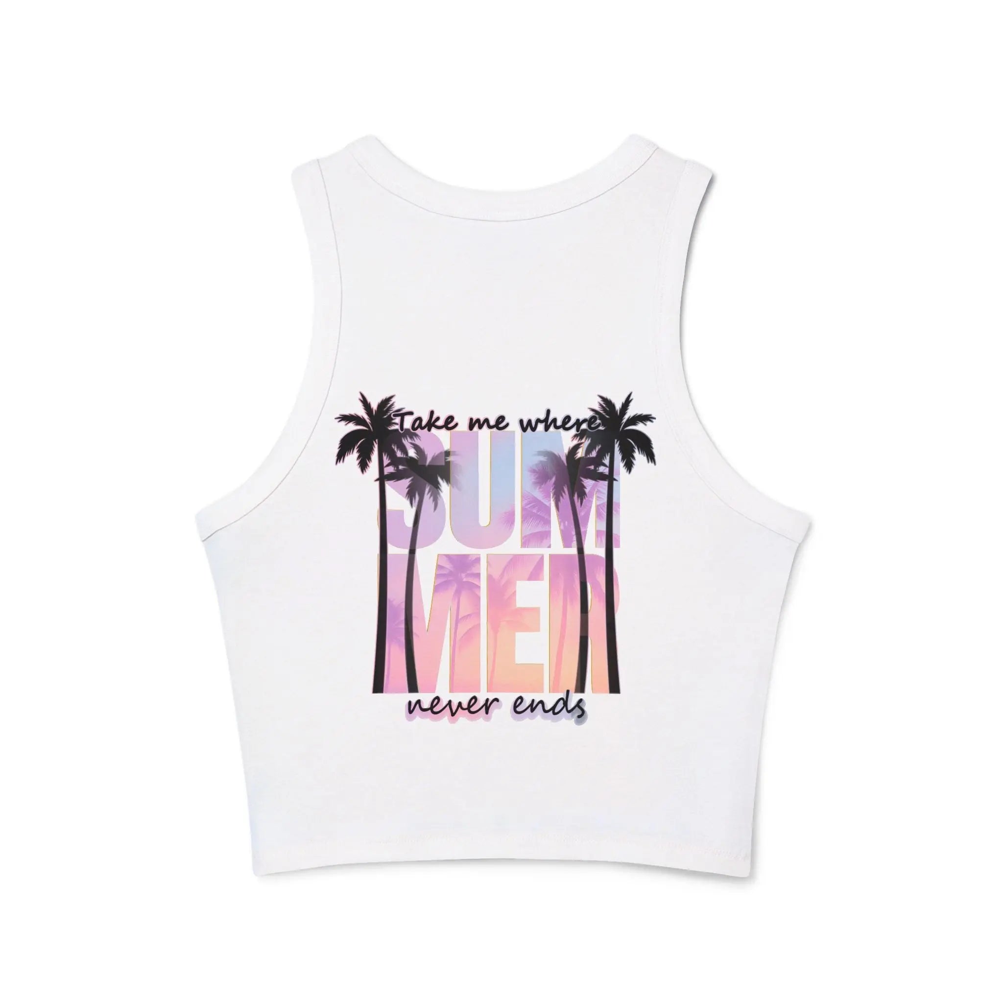 White tank top with palm tree design and with text 