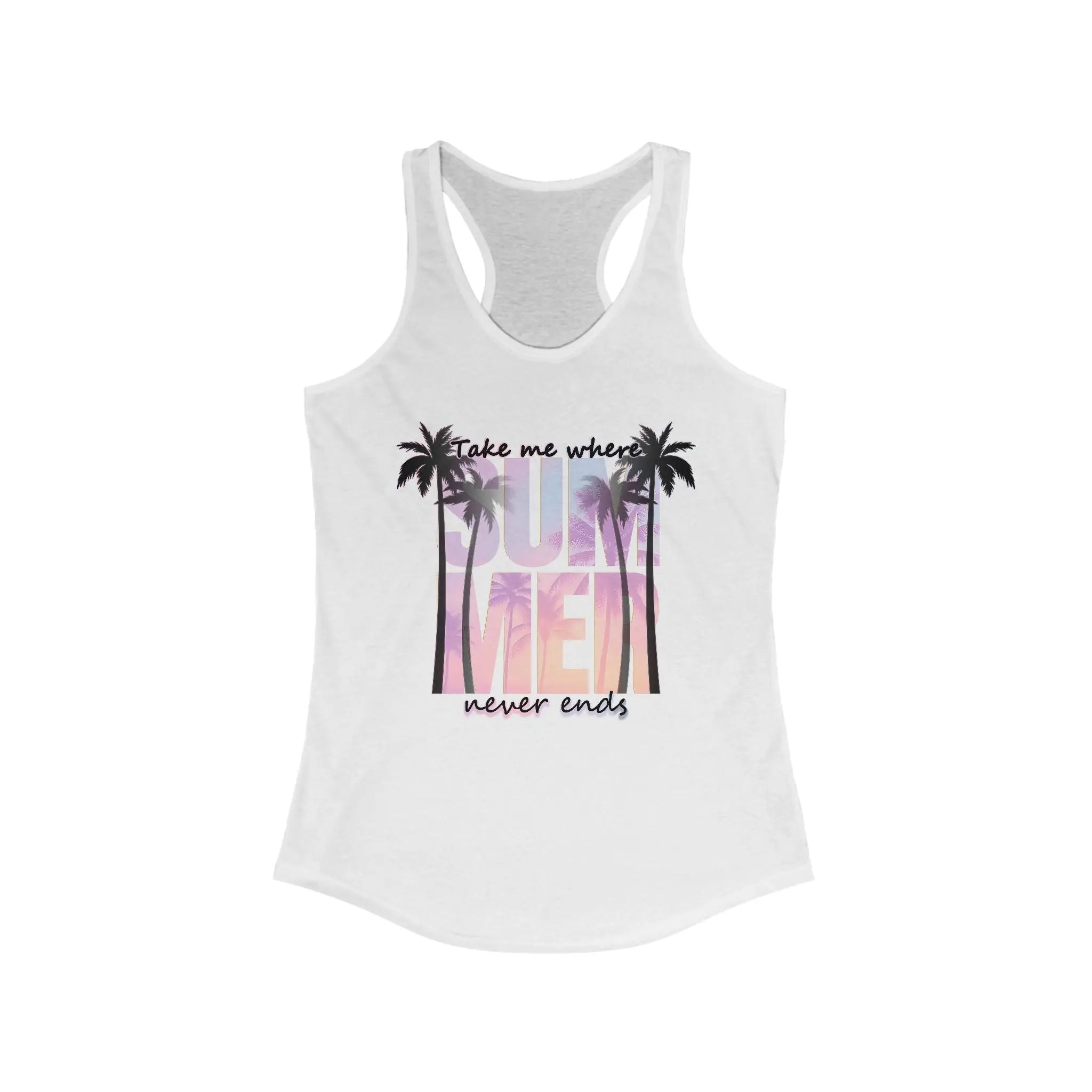 White tank top with palm tree design and 'Take me where Summer never ends' text on a white background