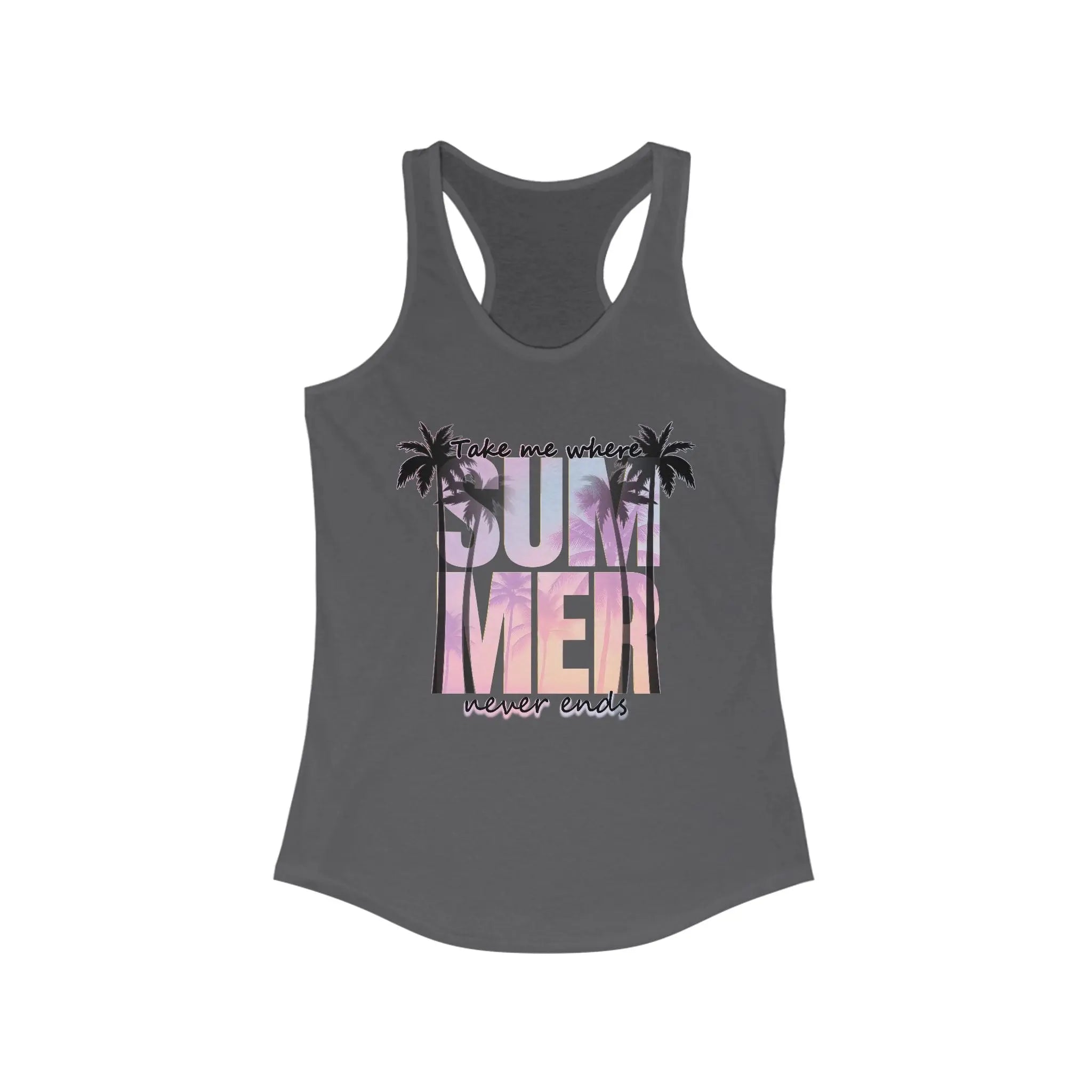 Gray tank top with 'Take me where Summer never ends' text and palm tree graphics on a white background