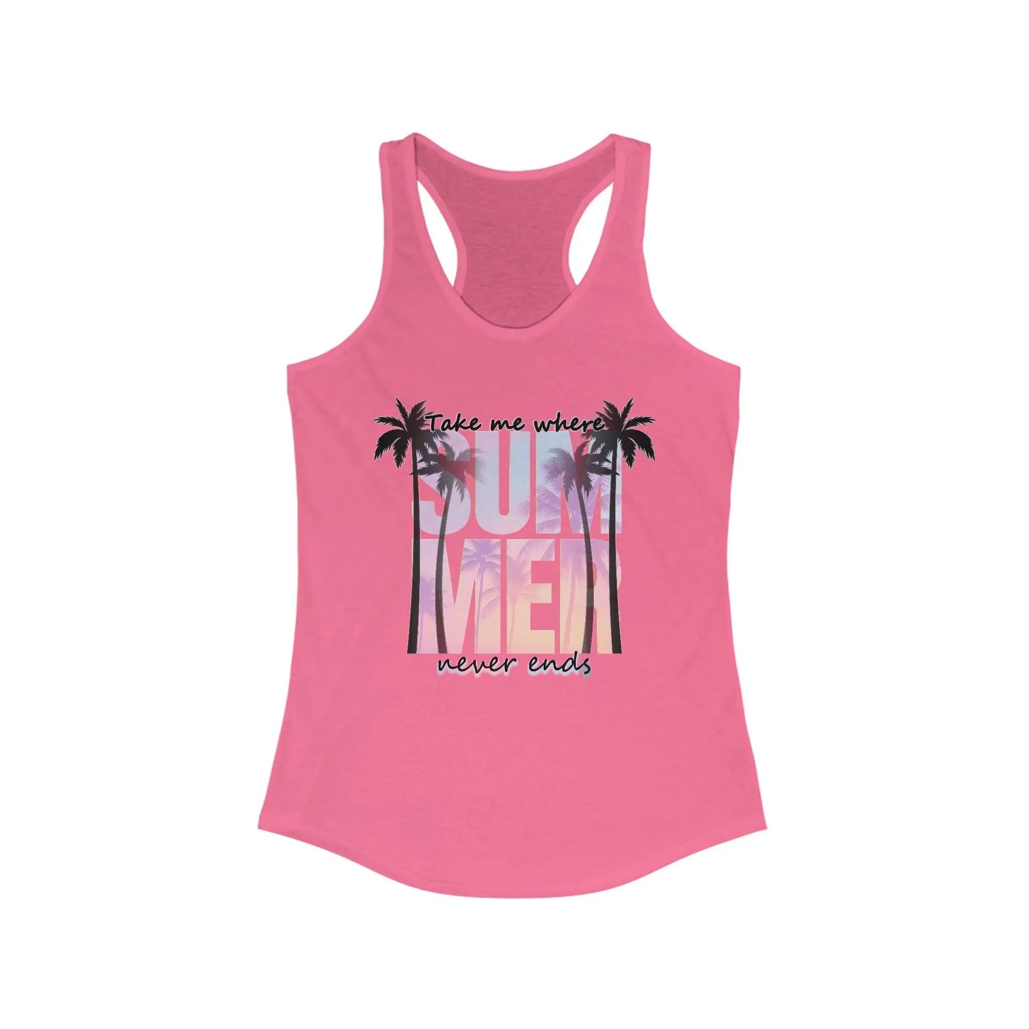 Pink tank top with palm tree design and 'Take me where Summer never ends' text on a white background.