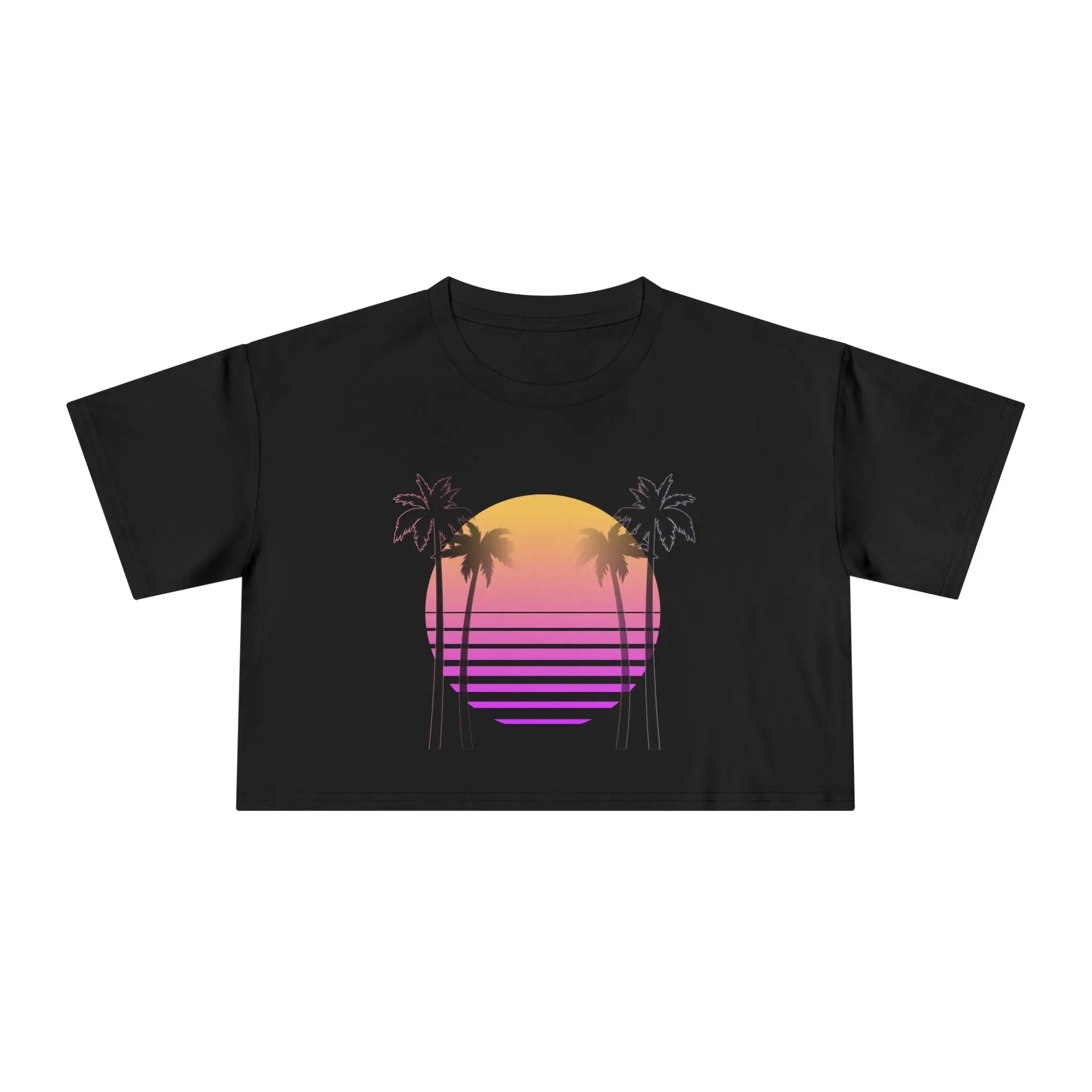 Black t-shirt with a colorful palm tree and sunset design on a white background