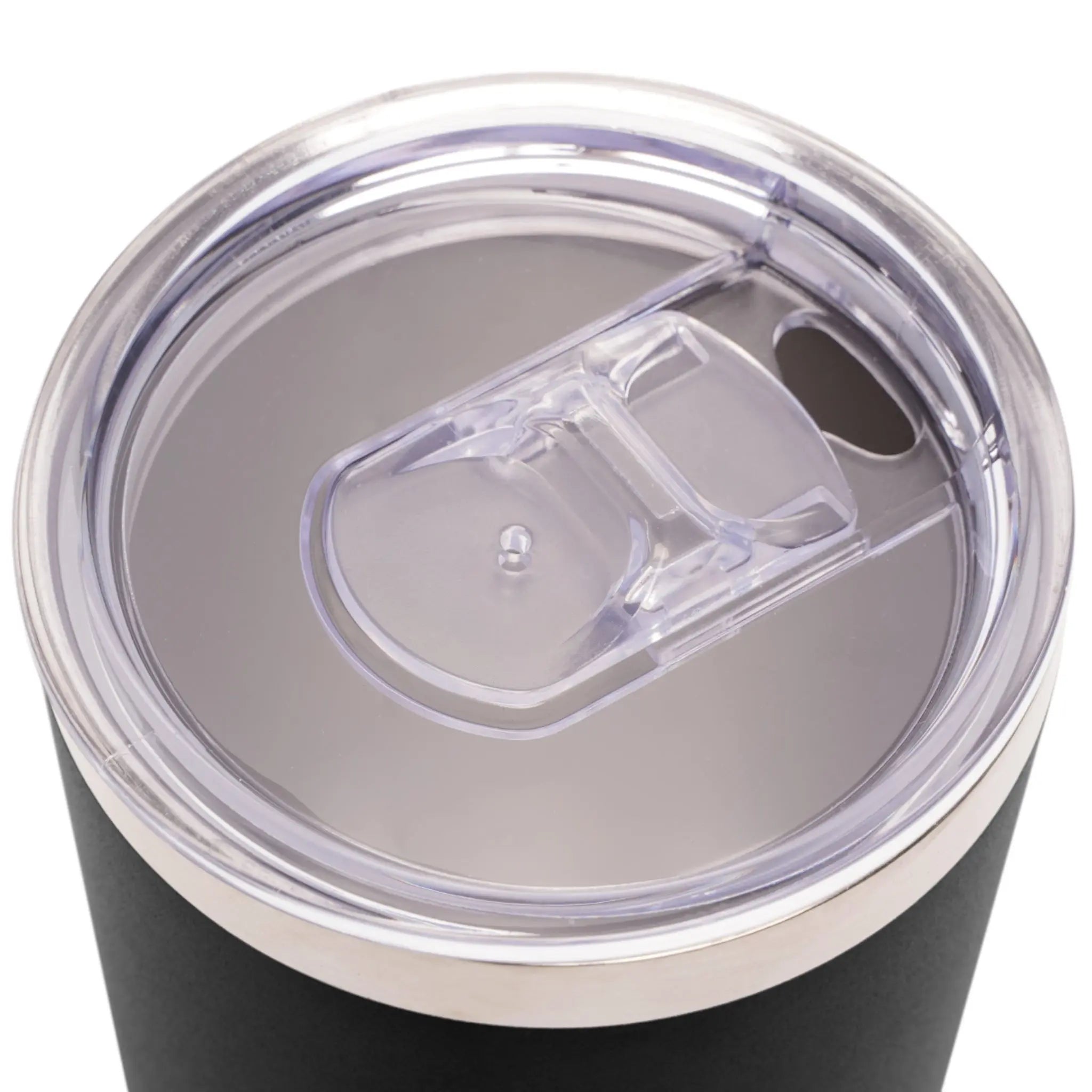 Black tumbler with a clear lid on a white background