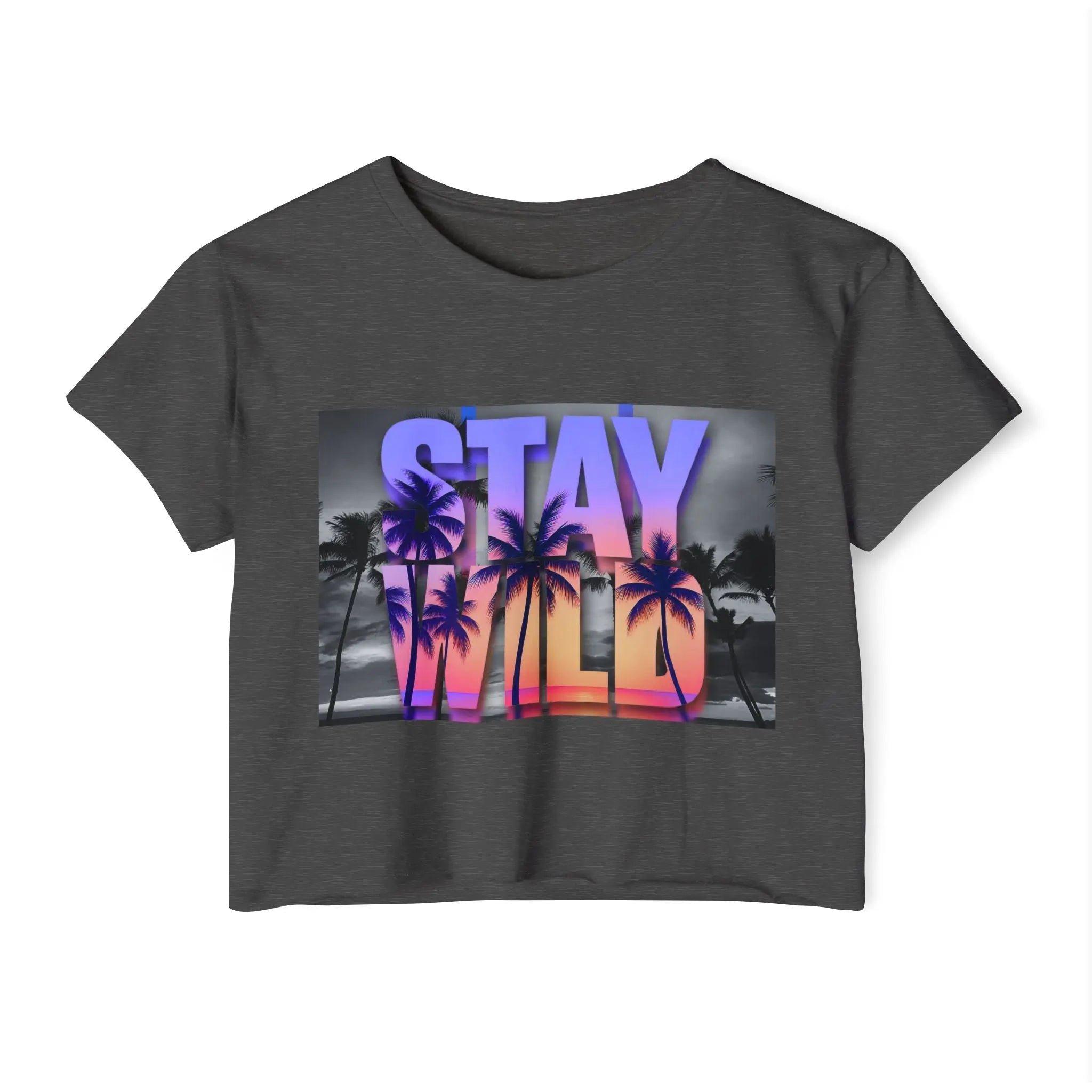 Dark gray t-shirt with 'Stay Wild' graphic design featuring palm trees on a white background