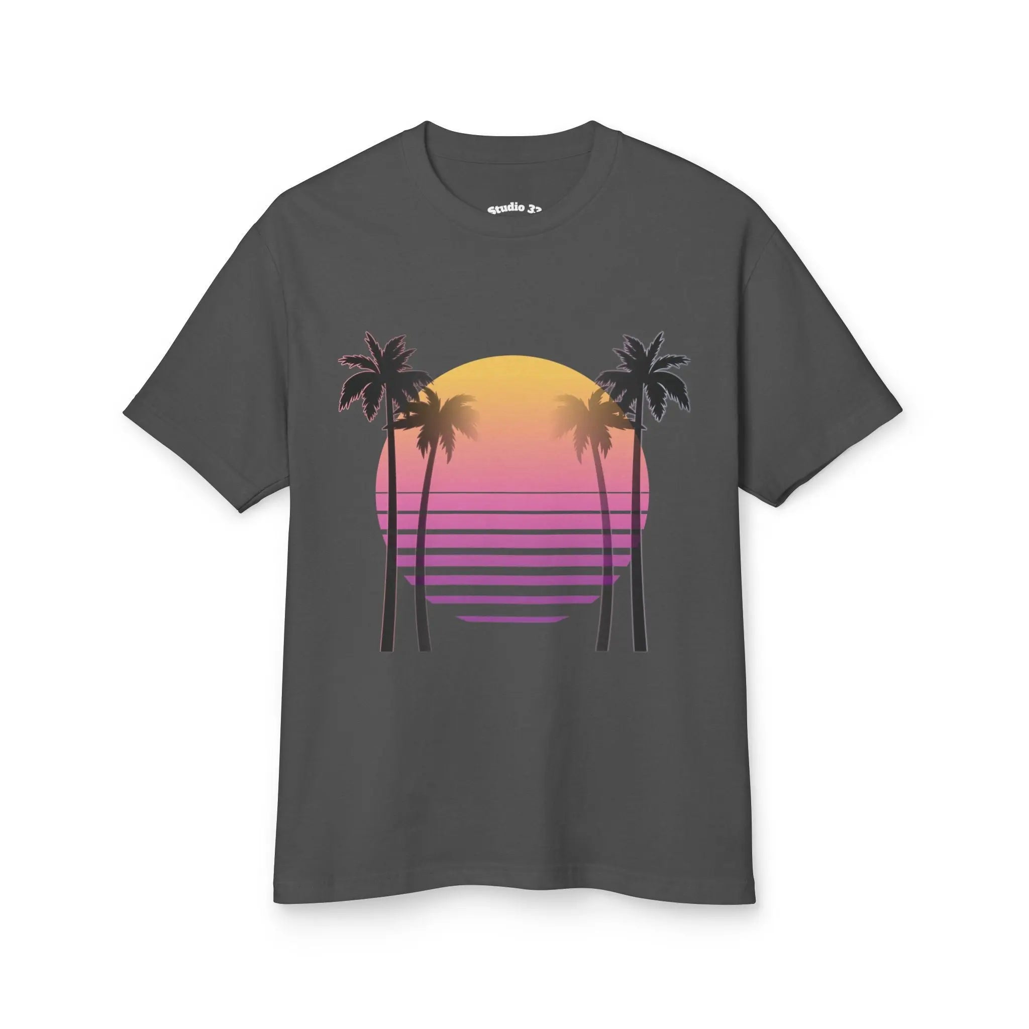 Gray t-shirt with palm tree and sunset design on a white background