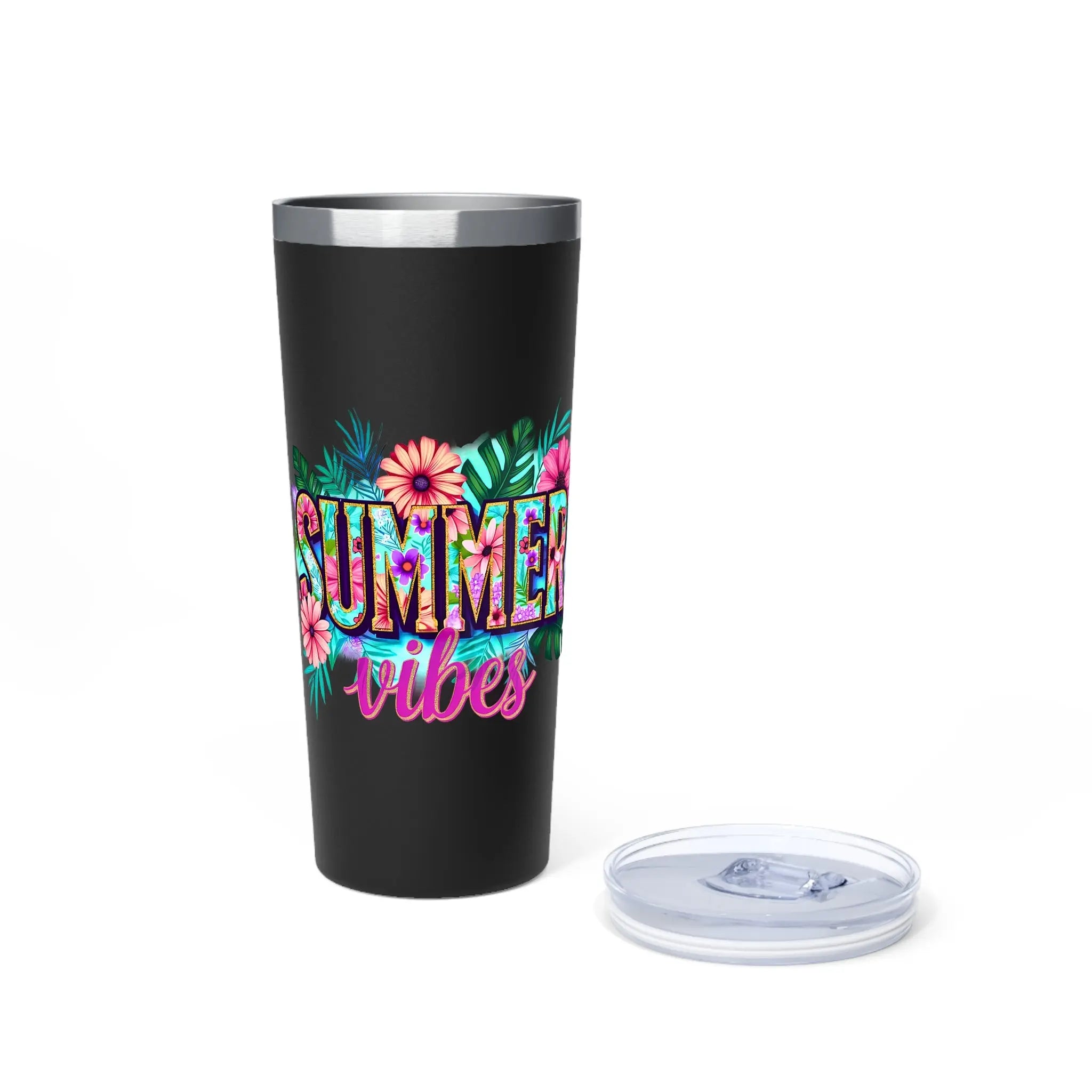 Black tumbler with 'Summer vibes' design on a white background