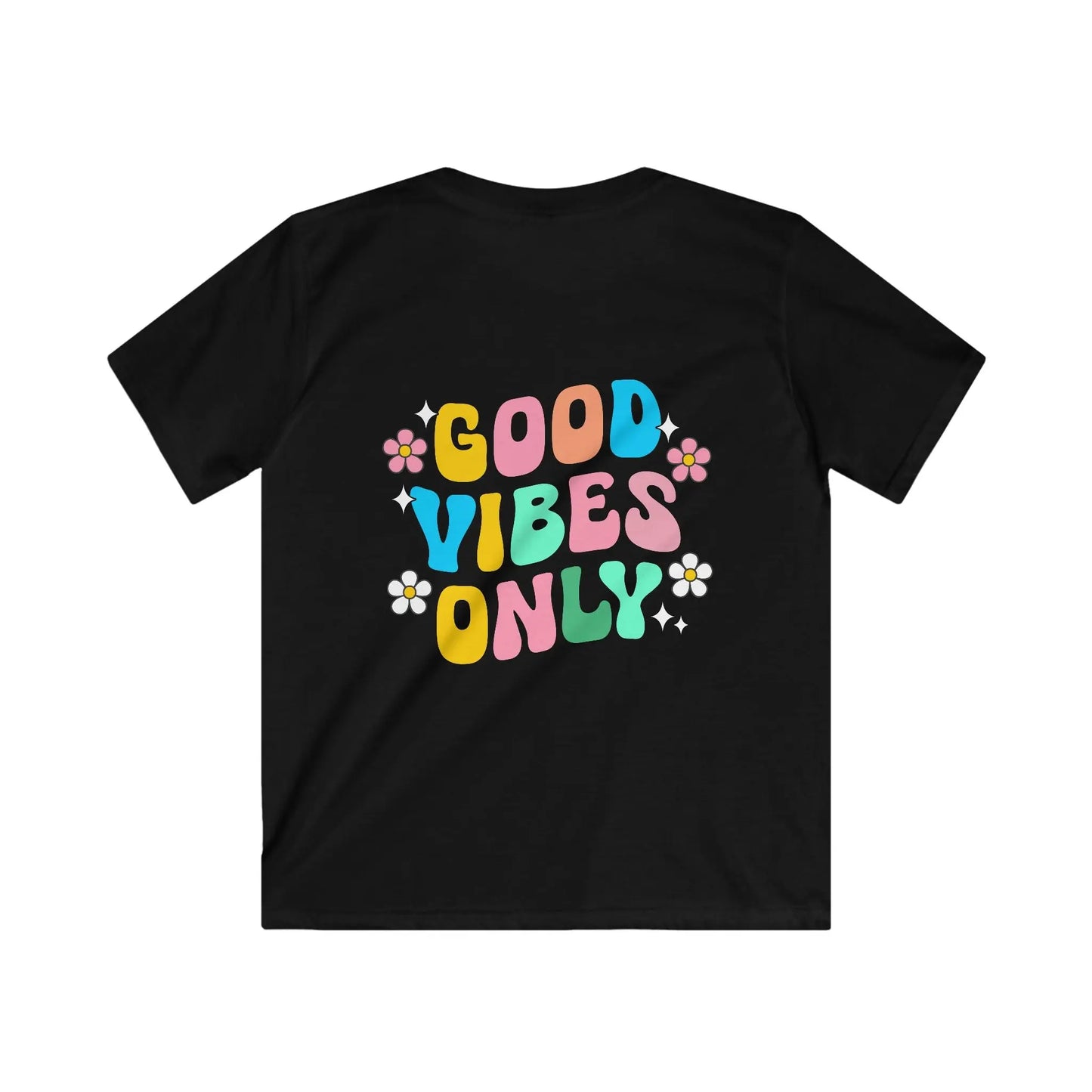Black t-shirt with 'Good Vibes Only' text in colorful letters on a white background