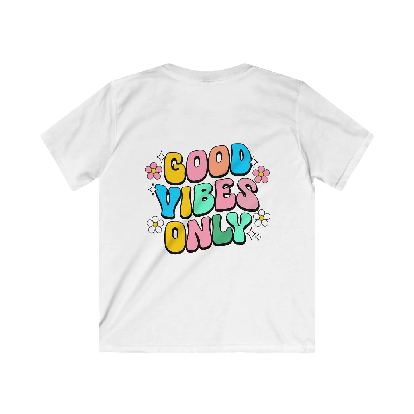 White t-shirt with 'Good Vibes Only' text in colorful letters on a white background