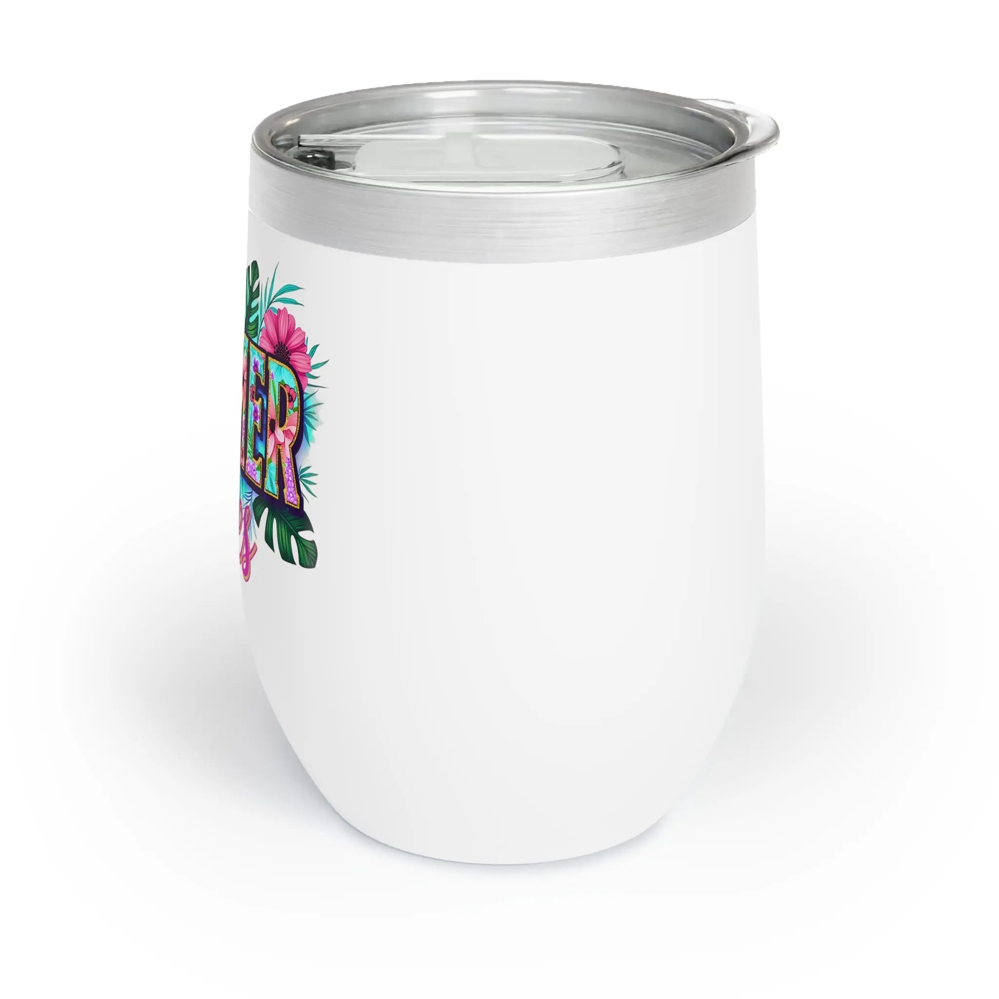 White tumbler with colorful 'Summer' design on a white background