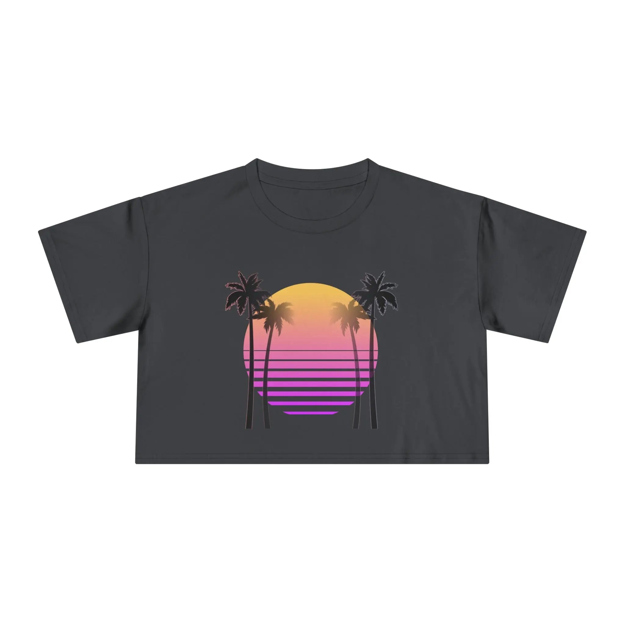 Grey crop top with a colorful palm tree and sunset design on a white background