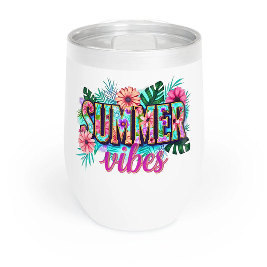 Clear tumbler with 'Summer vibes' text and floral designs on a white background