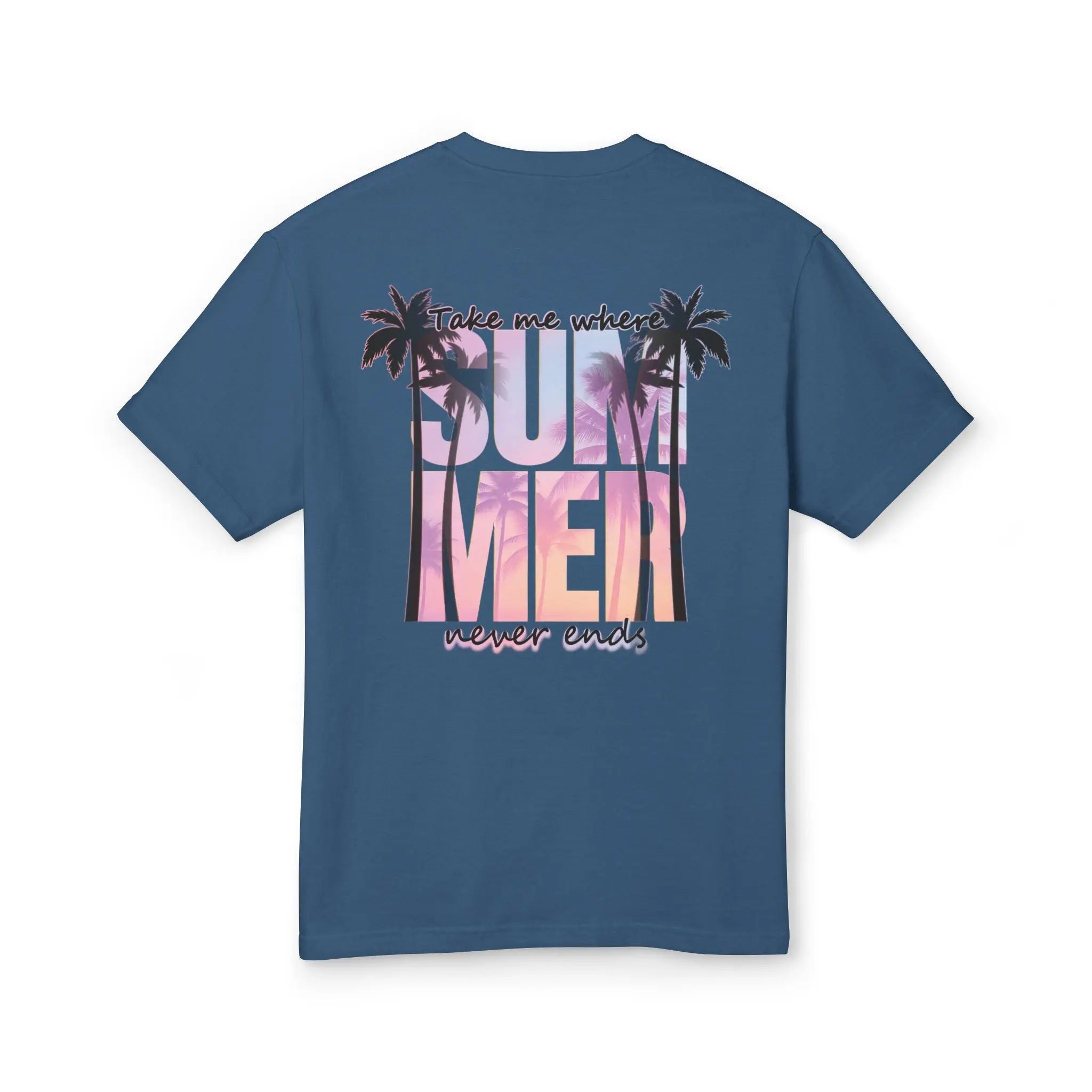 Blue t-shirt with 'Summertime' graphic on a white background