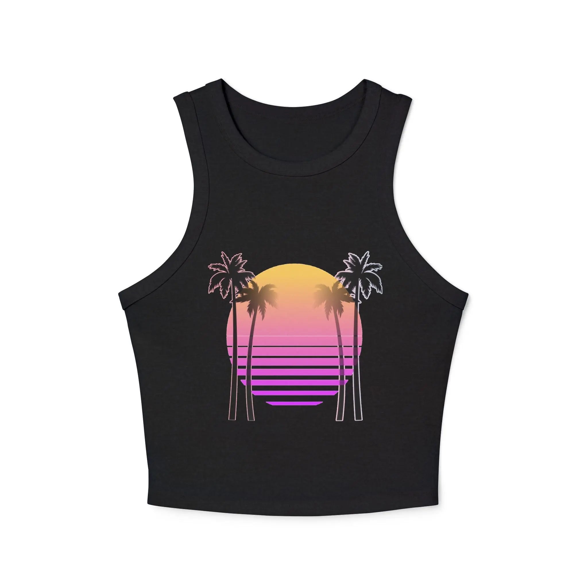 Black tank top with a colorful palm tree and sun design on a white background