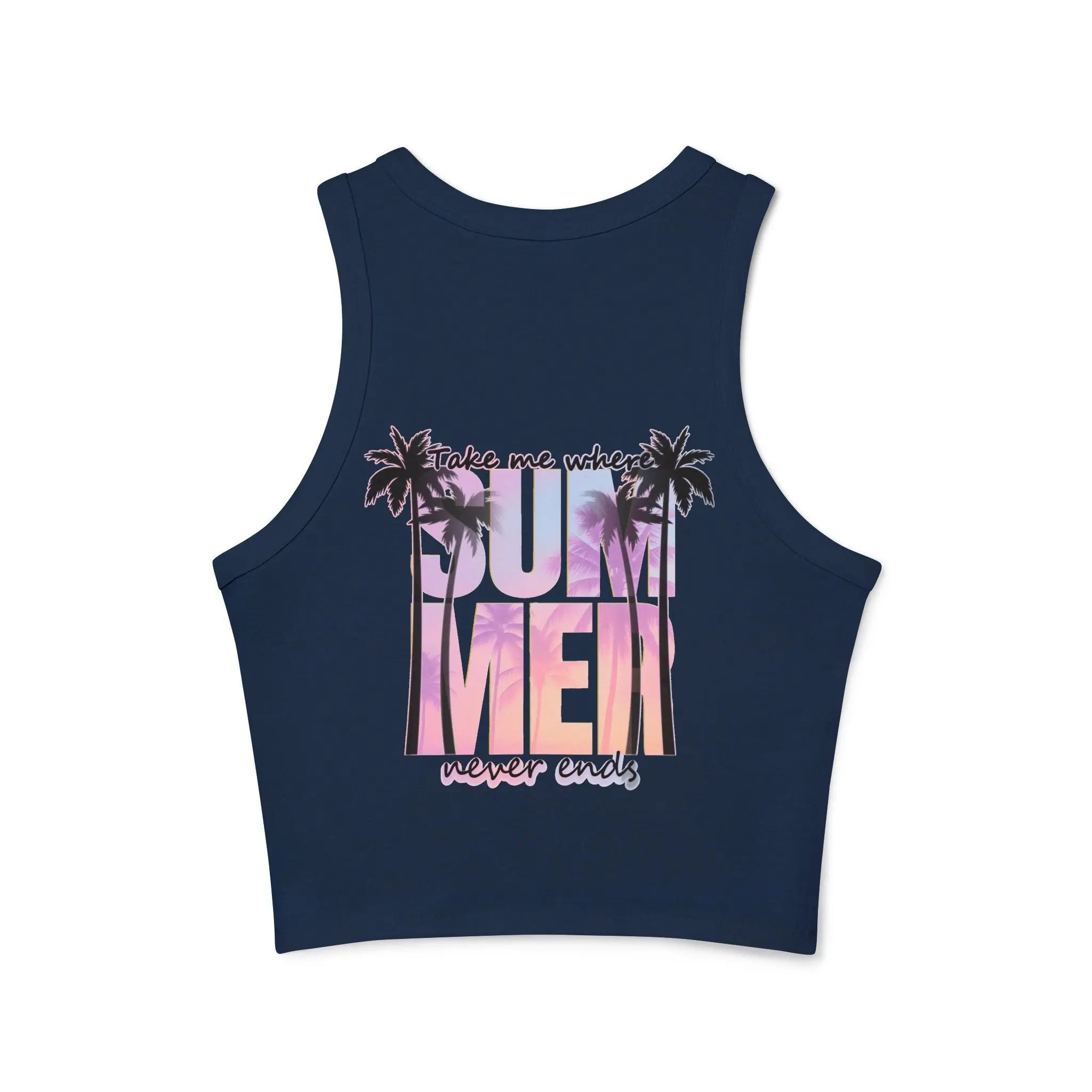 Navy blue tank top with 'Take me where summer never ends' text and palm tree graphics on a white background