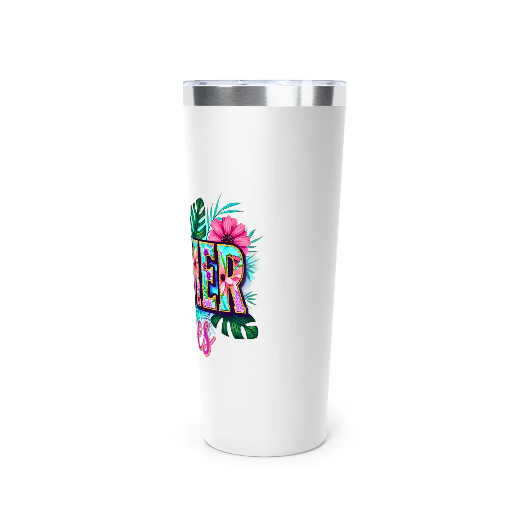 White tumbler with colorful 'Summer' design on a white background