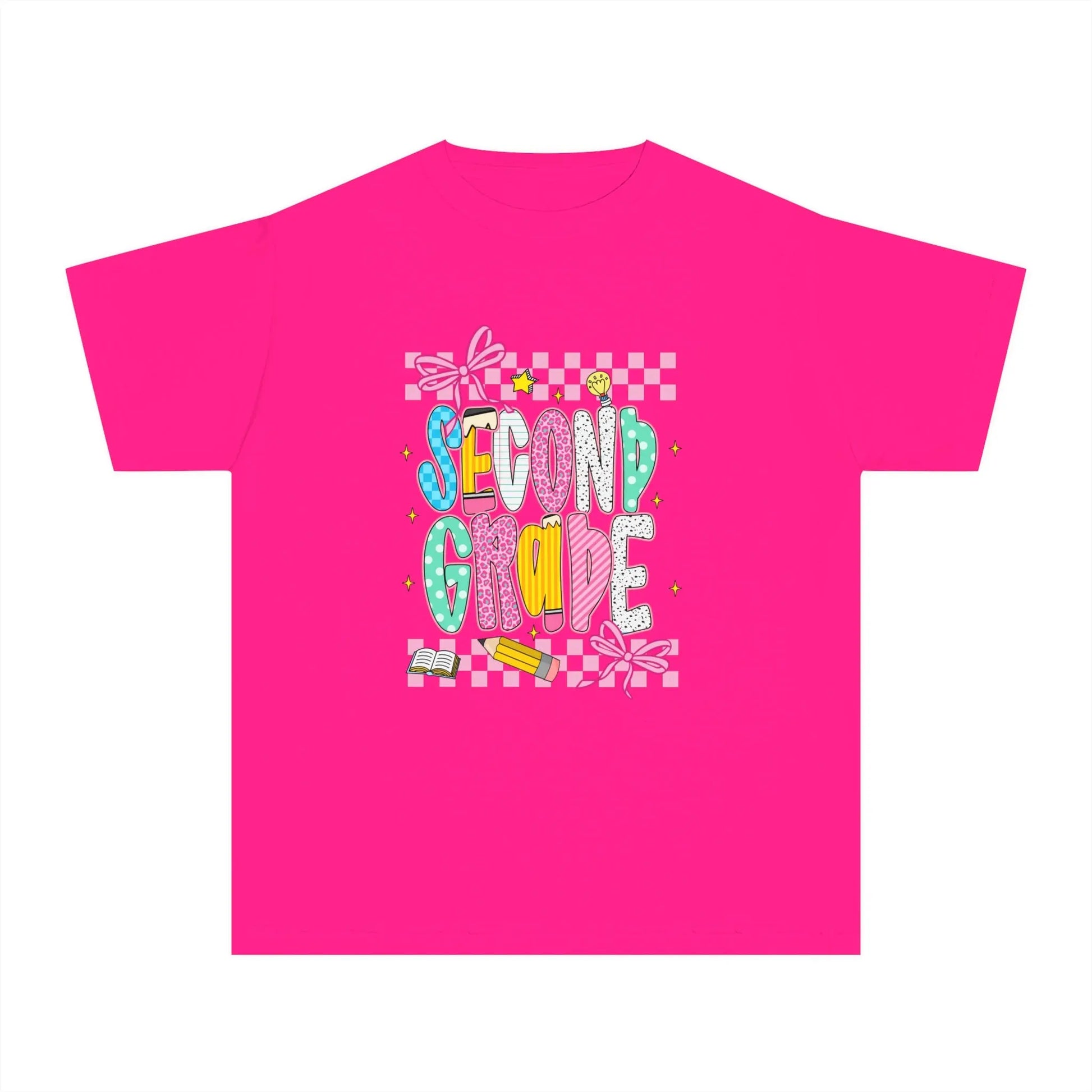 Pink t-shirt with 'Second Grade' text and graphics on a white background