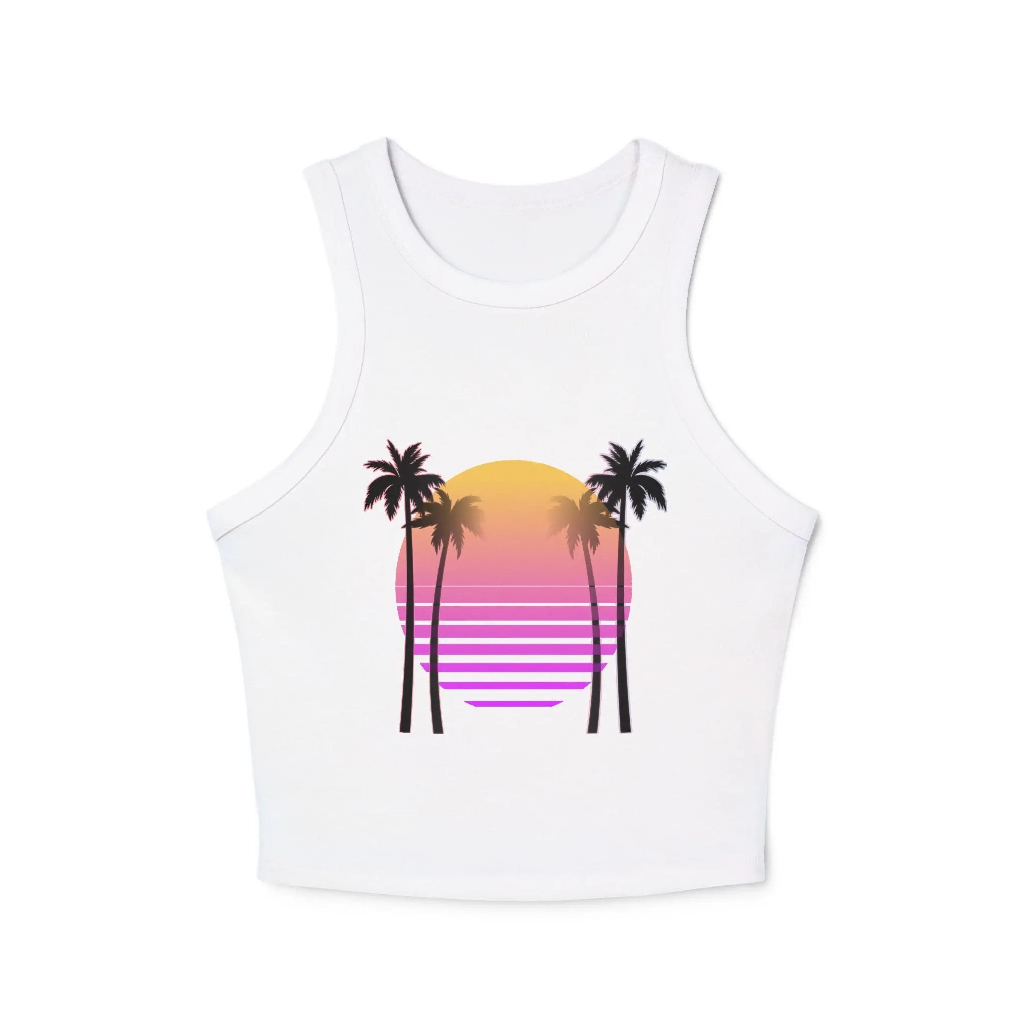 White tank top with palm tree and sunset design on a white background