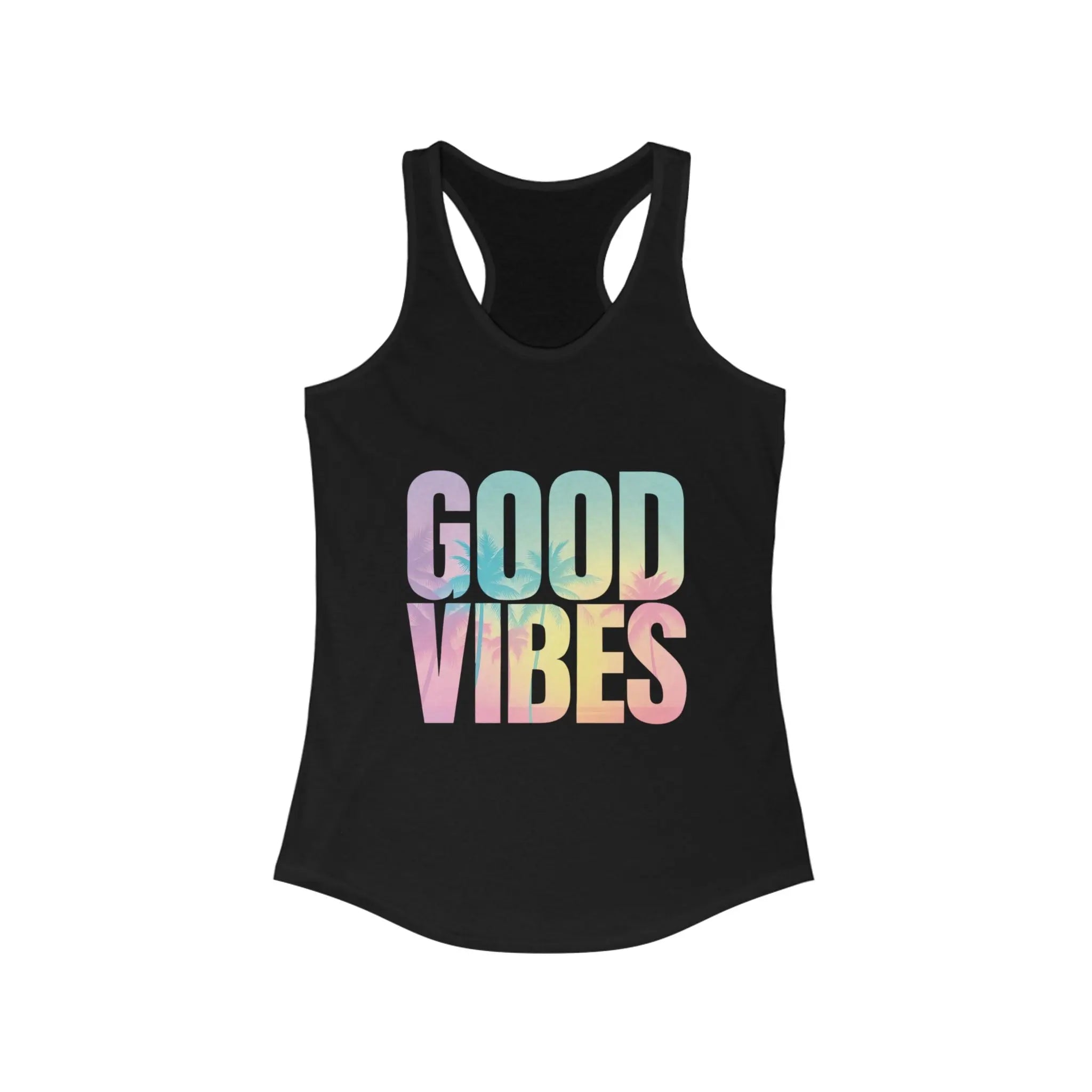 Black tank top with 'GOOD VIBES' text in pastel colors on a white background