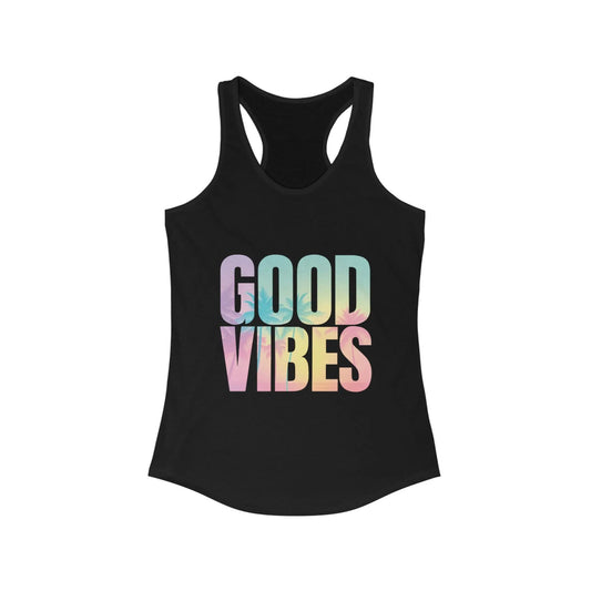 Black tank top with 'GOOD VIBES' text in pastel colors on a white background