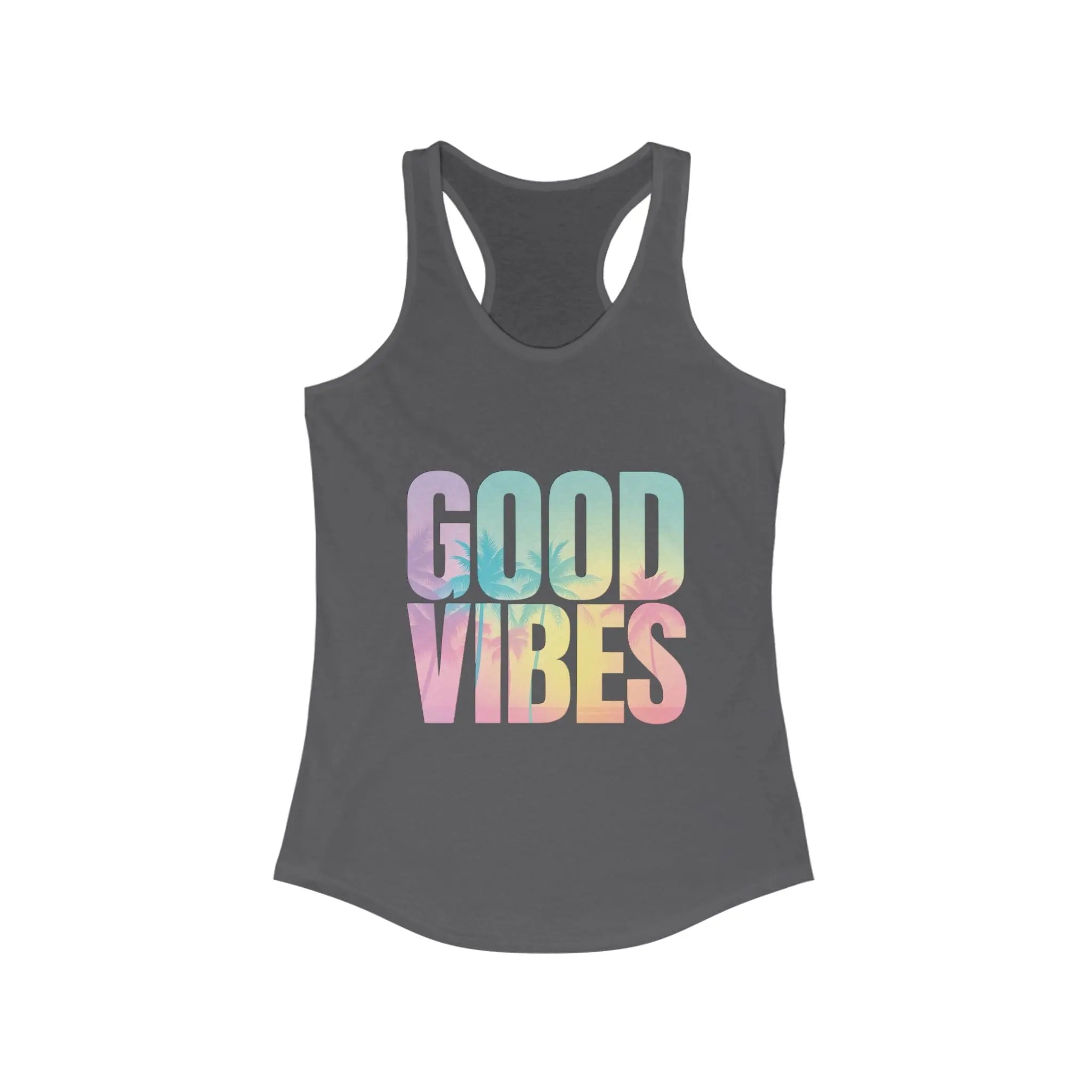 Gray tank top with 'Good Vibes' text in pastel colors on a white background