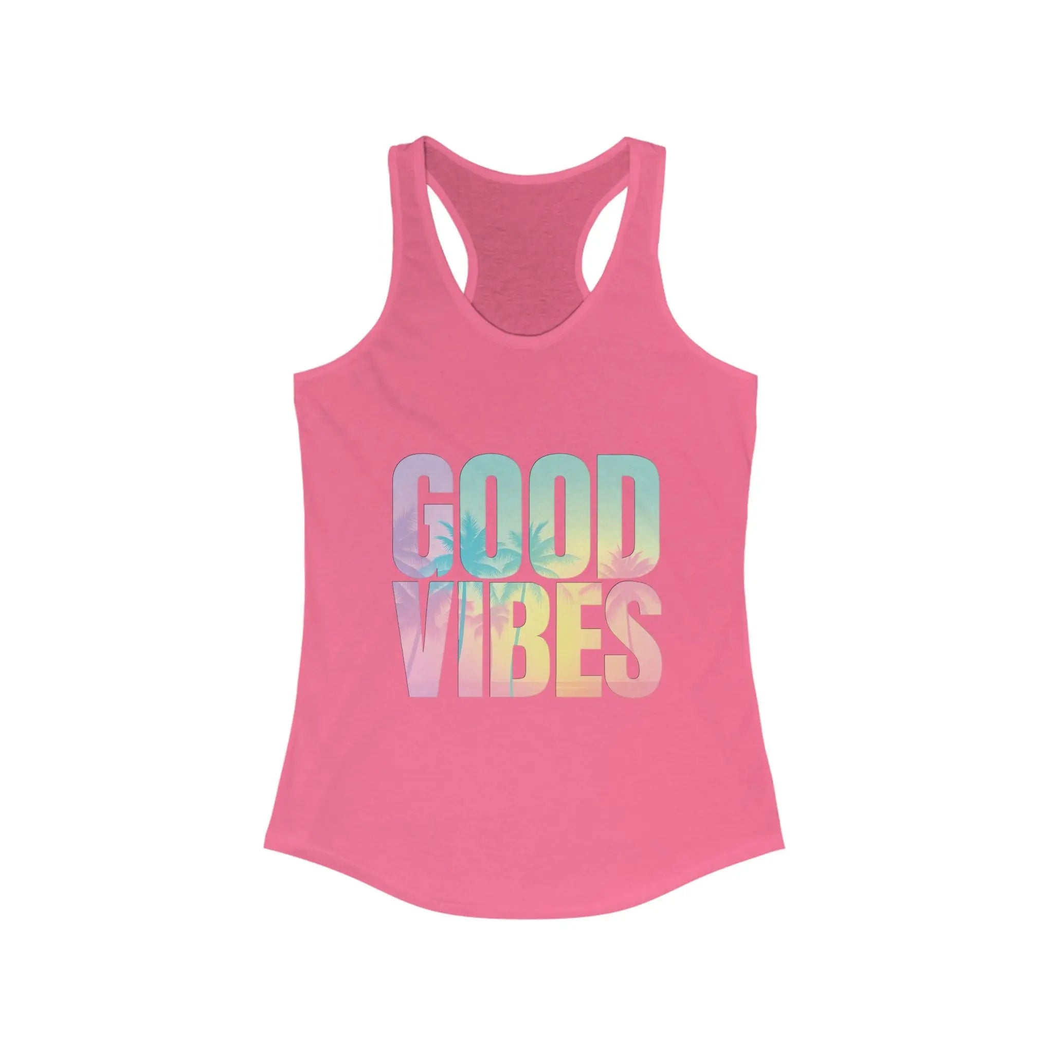 Pink tank top with 'Good Vibes' text on a white background