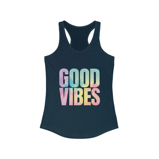 Navy tank top with 'Good Vibes' text in pastel colors on a white background