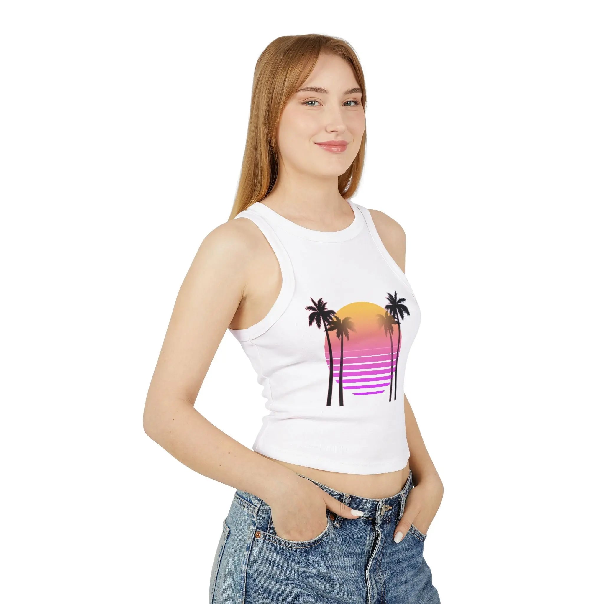 Woman wearing a white tank top with a colorful palm tree design on a white background