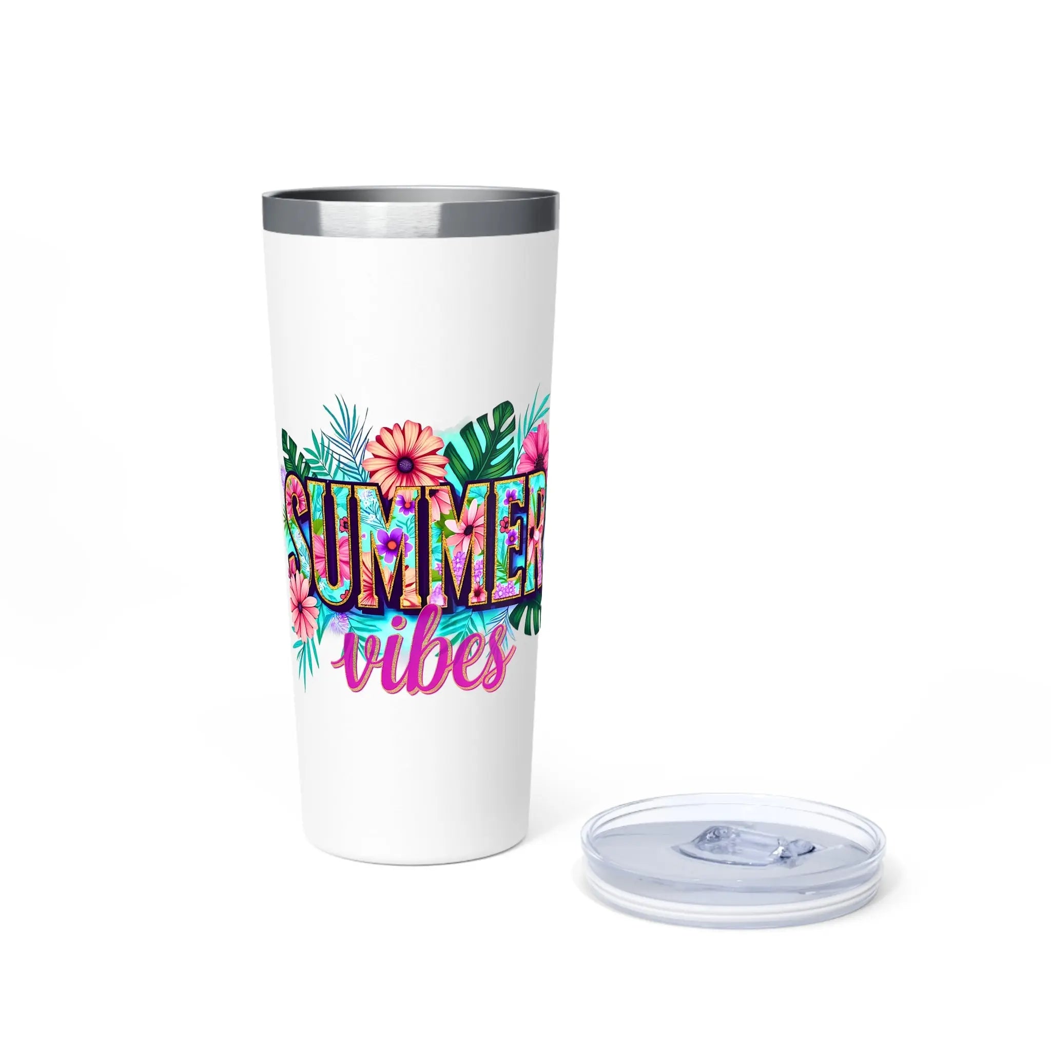 White tumbler with 'Summer vibes' design on a white background