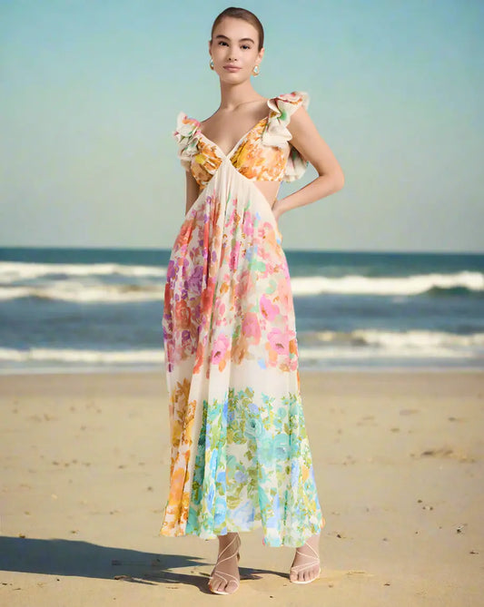 Woman wearing a colorful floral dress on a beige background