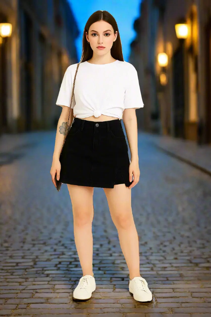 Woman wearing a white t-shirt and black skirt on a city background