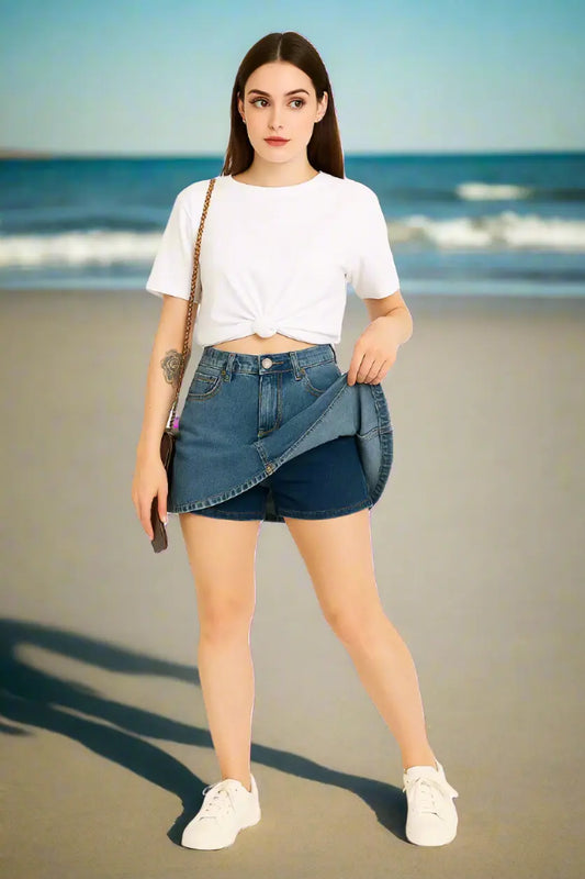 Woman wearing a white crop top with a denim skirt with a beach background