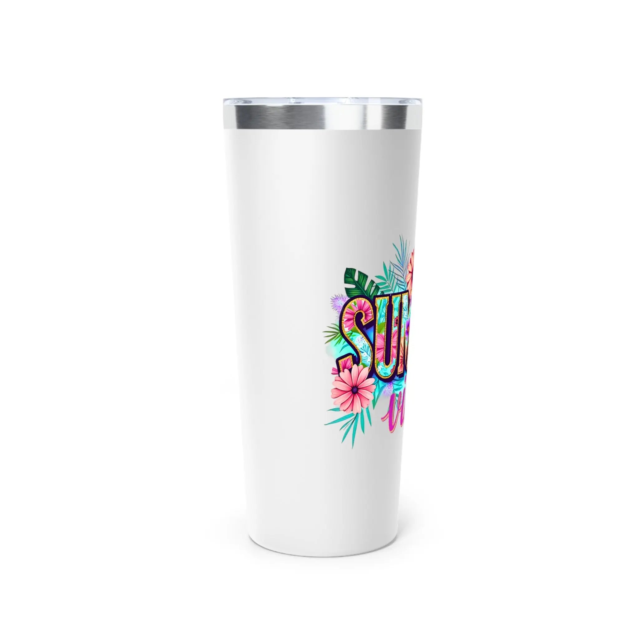 White tumbler with colorful 'Summer' design on a white background