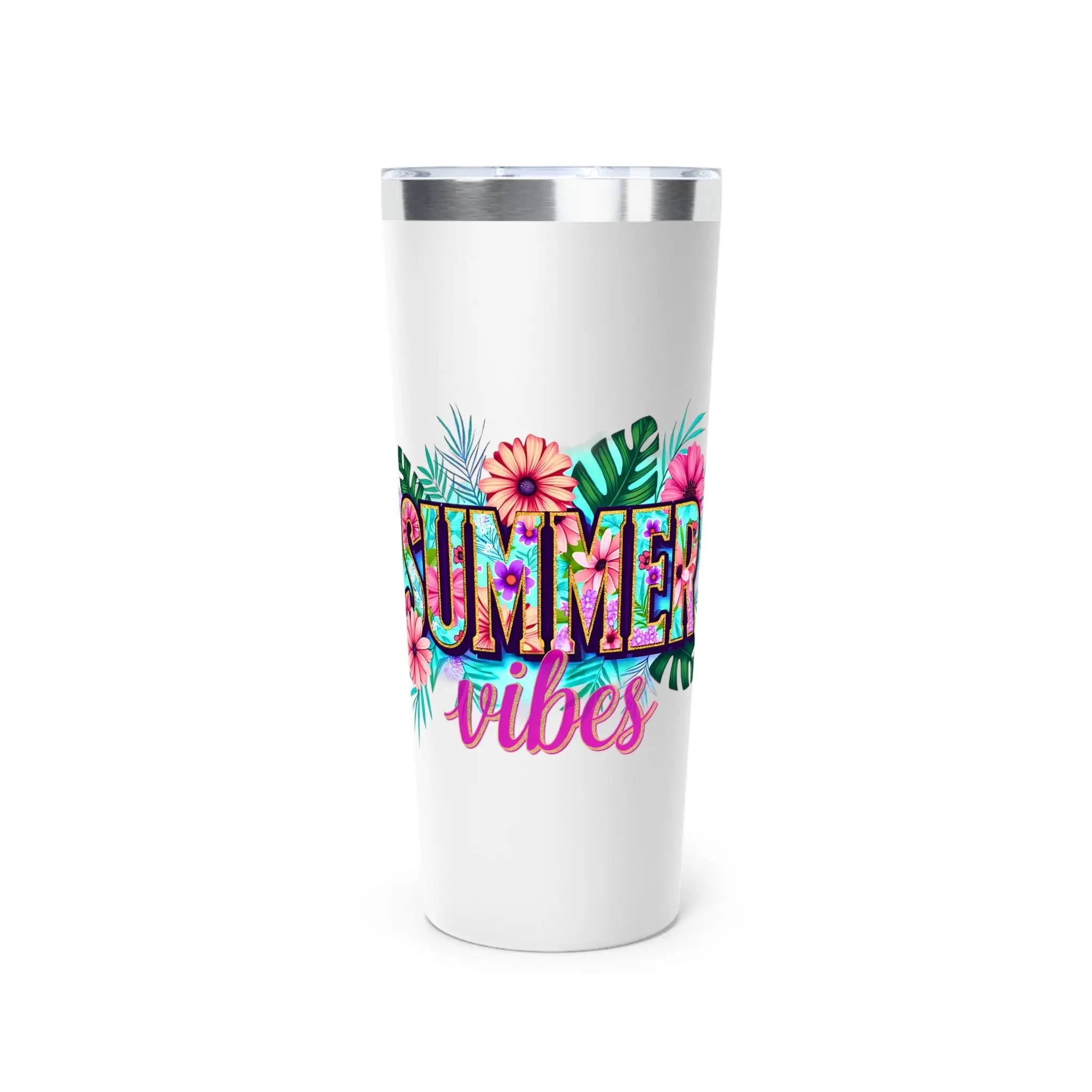 White tumbler with 'Summer vibes' text and floral designs on a white background