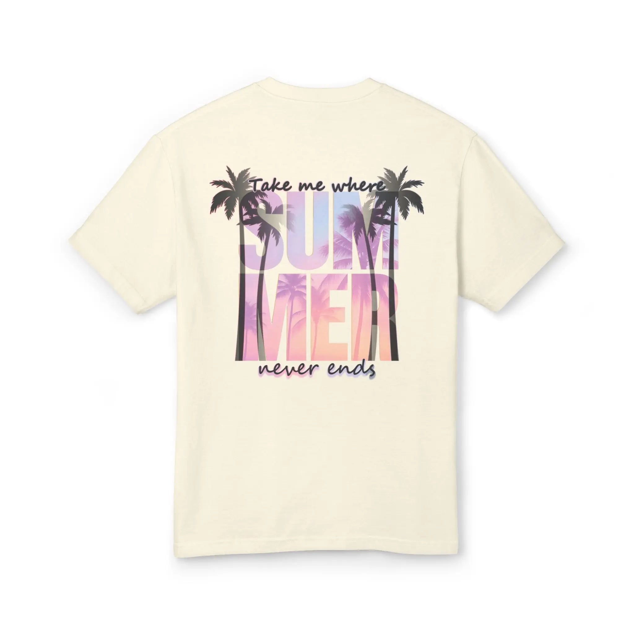 Beige t-shirt with palm tree design and 'Take me where Summer never ends' text on a white background.