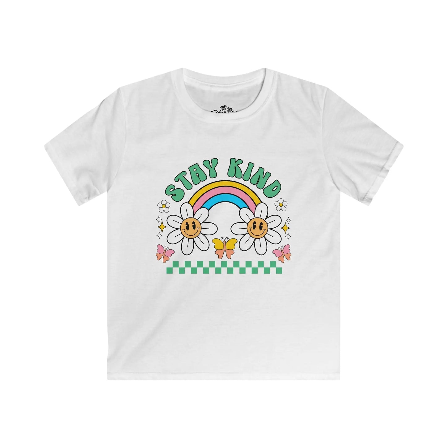 White t-shirt with a rainbow, flowers, and 'Stay Kind' text on a white background