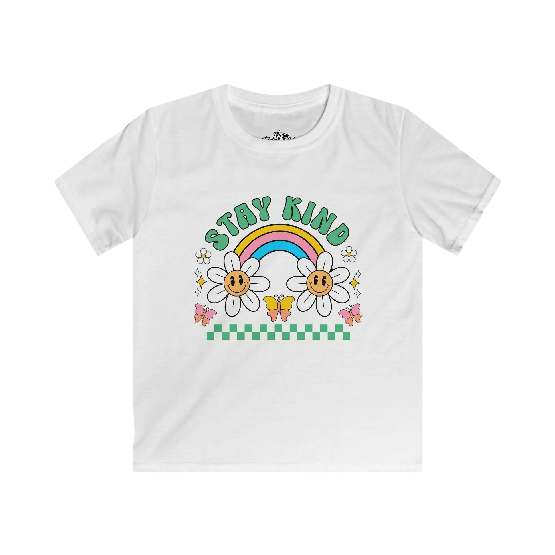 White t-shirt with a rainbow, flowers, and 'Stay Kind' text on a white background