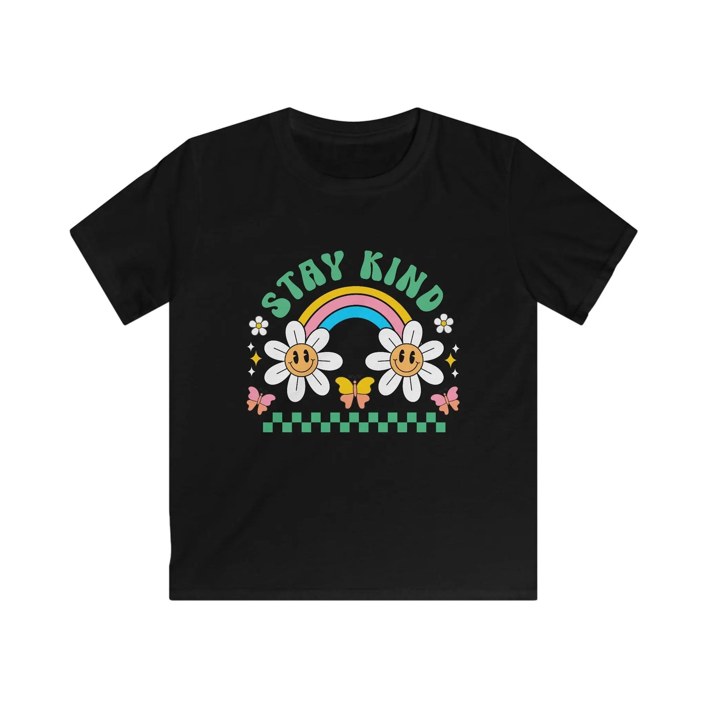 Black t-shirt with colorful graphic design featuring flowers, a rainbow, and 'Stay Kind' text on a white background.