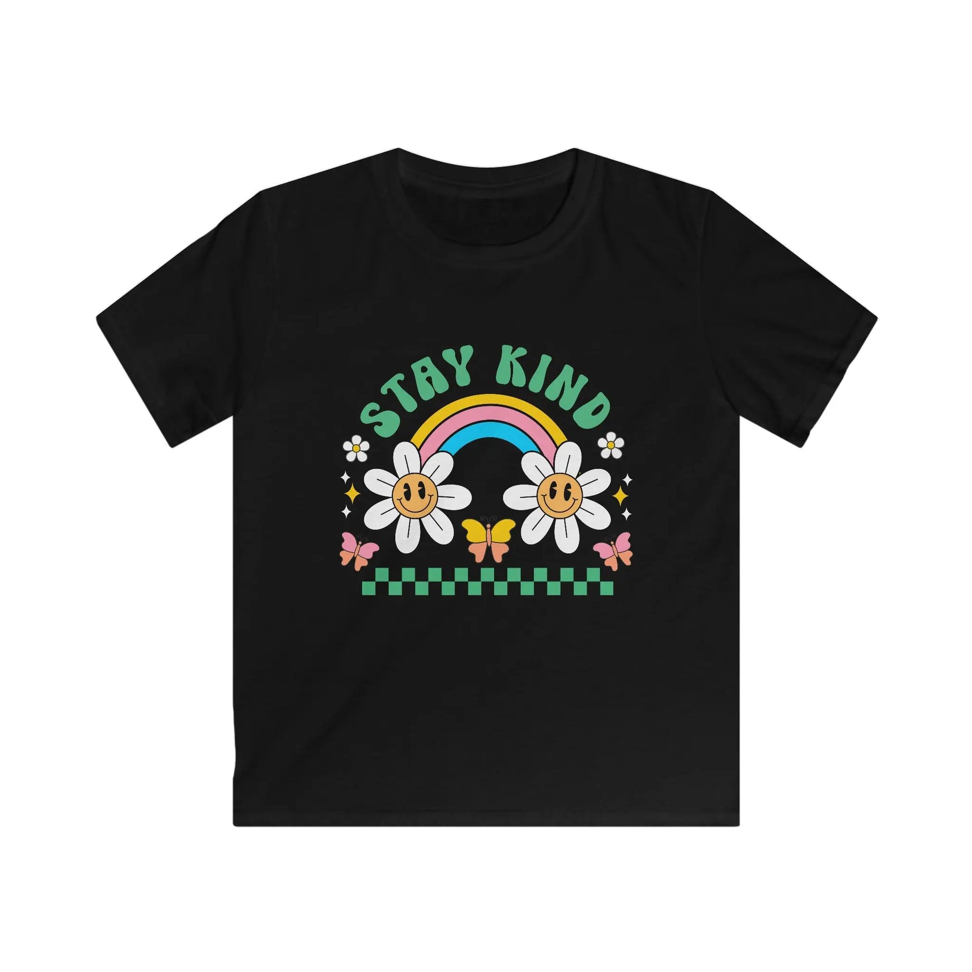 Black t-shirt with colorful graphic design featuring flowers, a rainbow, and 'Stay Kind' text on a white background.