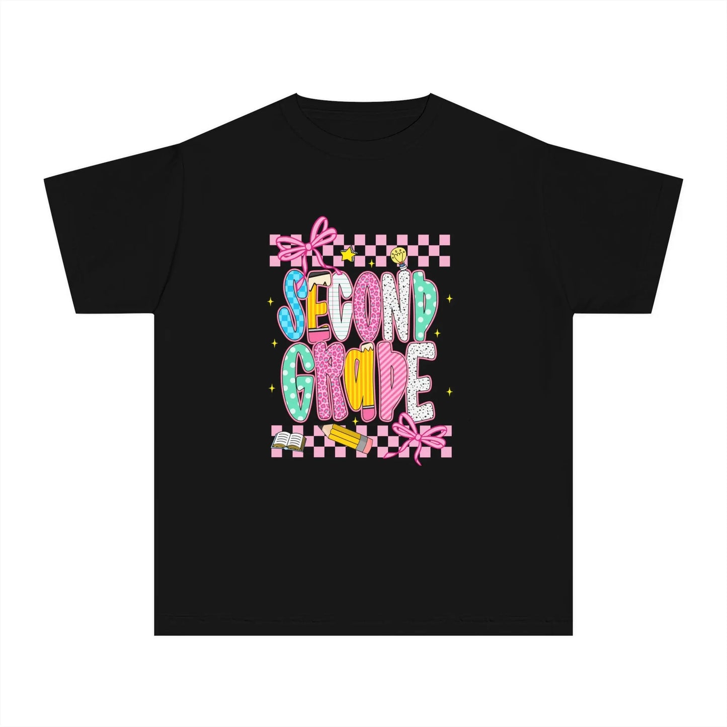Black t-shirt with 'Second Grade' design on a white background