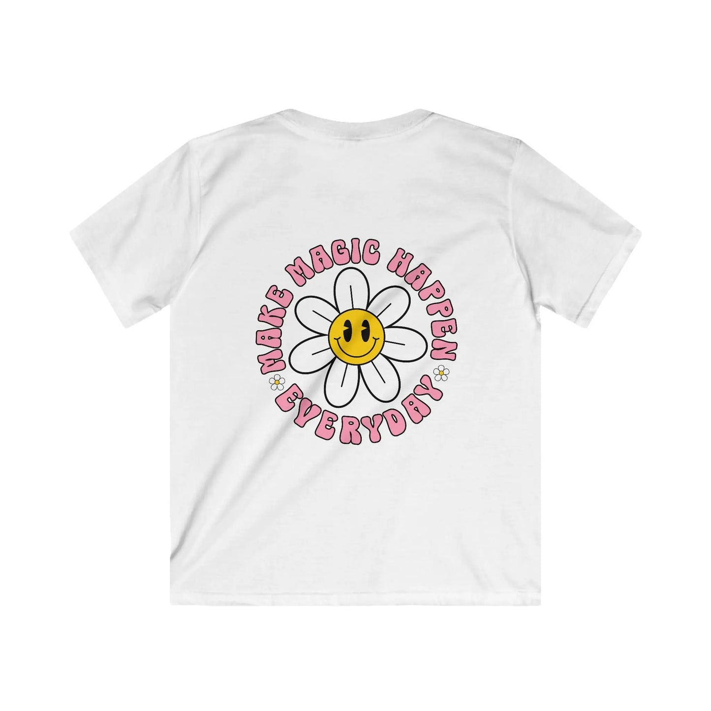White t-shirt with a smiley flower design and text on a white background