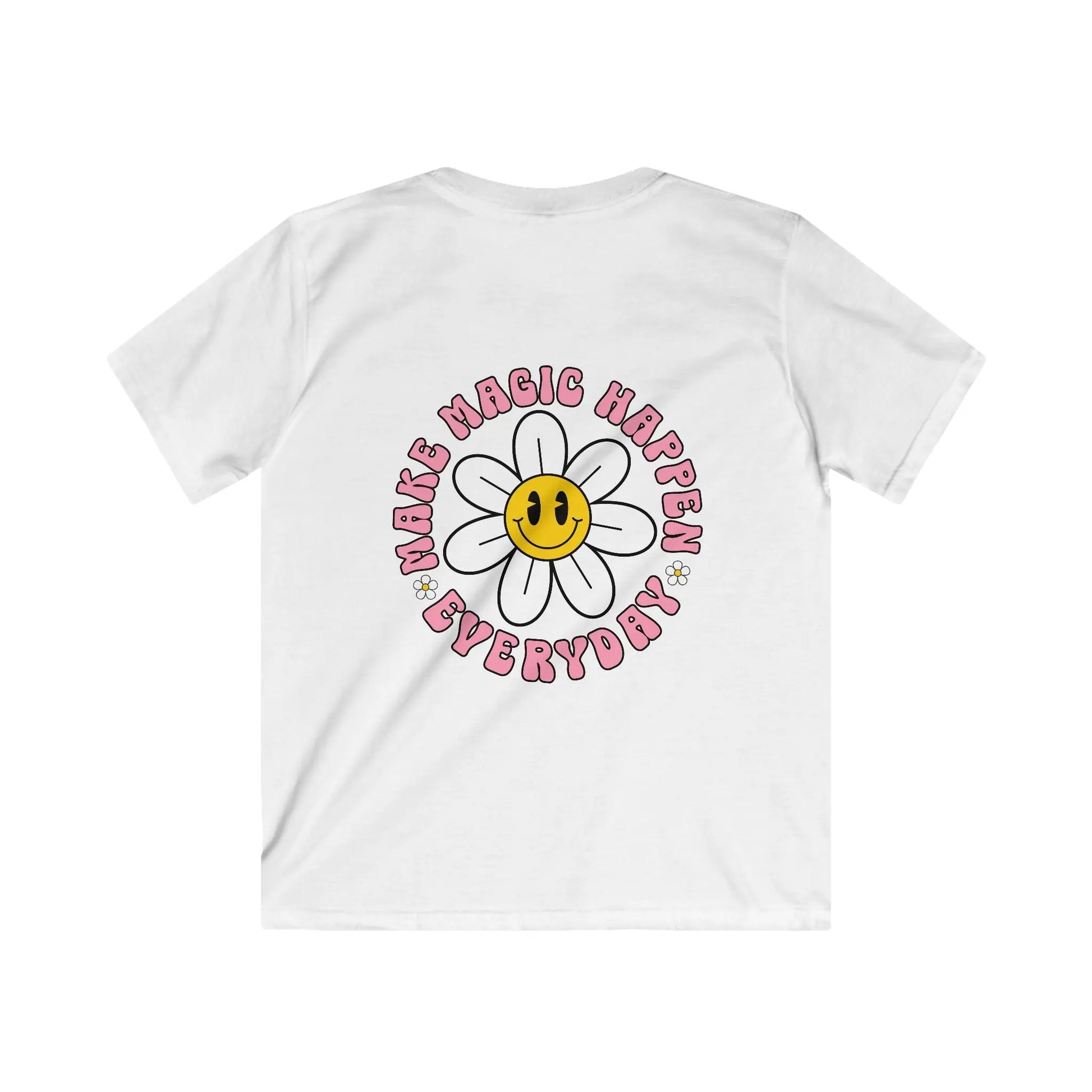 White t-shirt with a smiley flower design and text on a white background