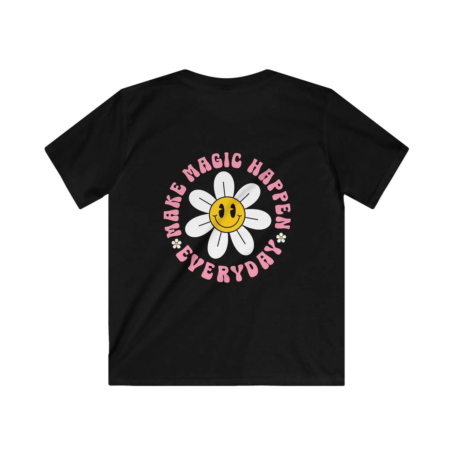 Black t-shirt with a smiley flower design and text on a white background