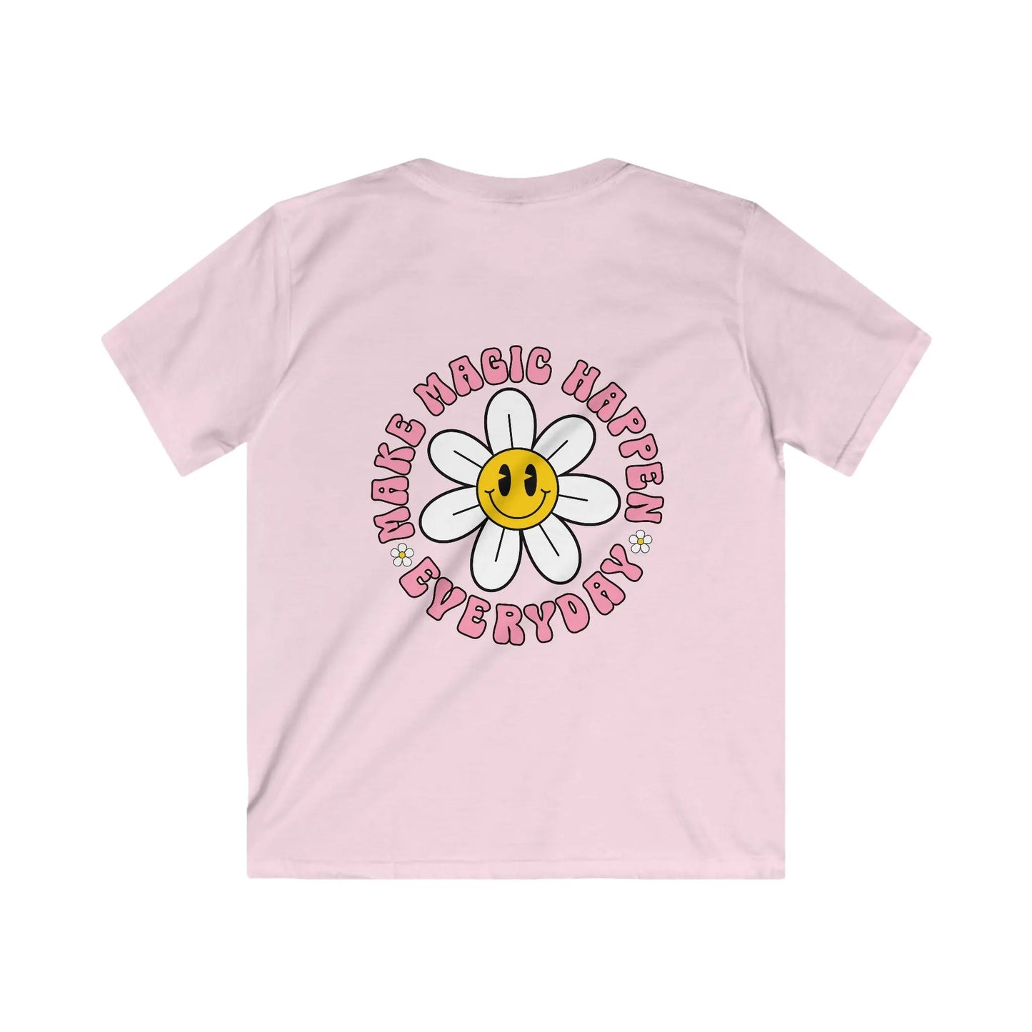 Pink t-shirt with a smiley flower design and text on a white background