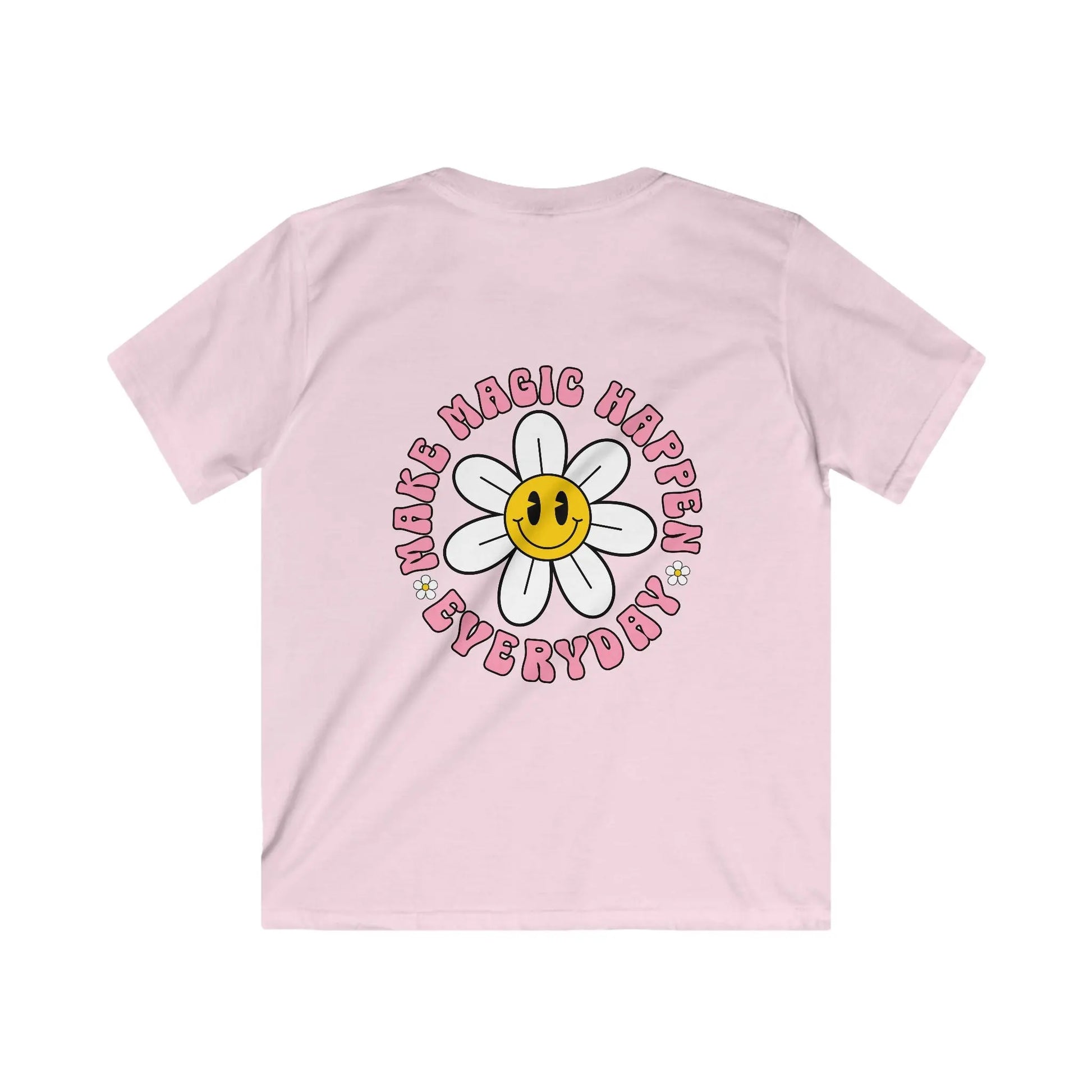 Pink t-shirt with a smiley flower design and text on a white background