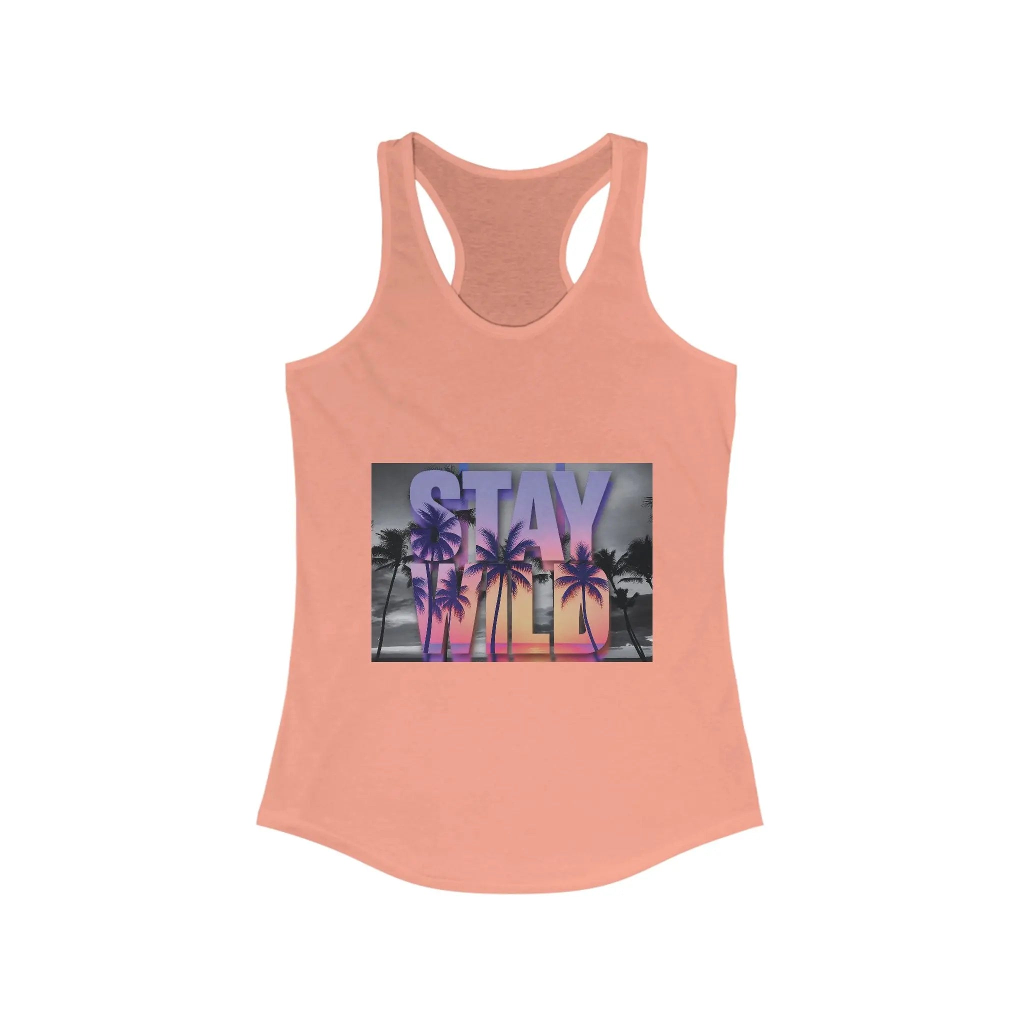 Peach tank top with 'Stay Wild' graphic design on a white background