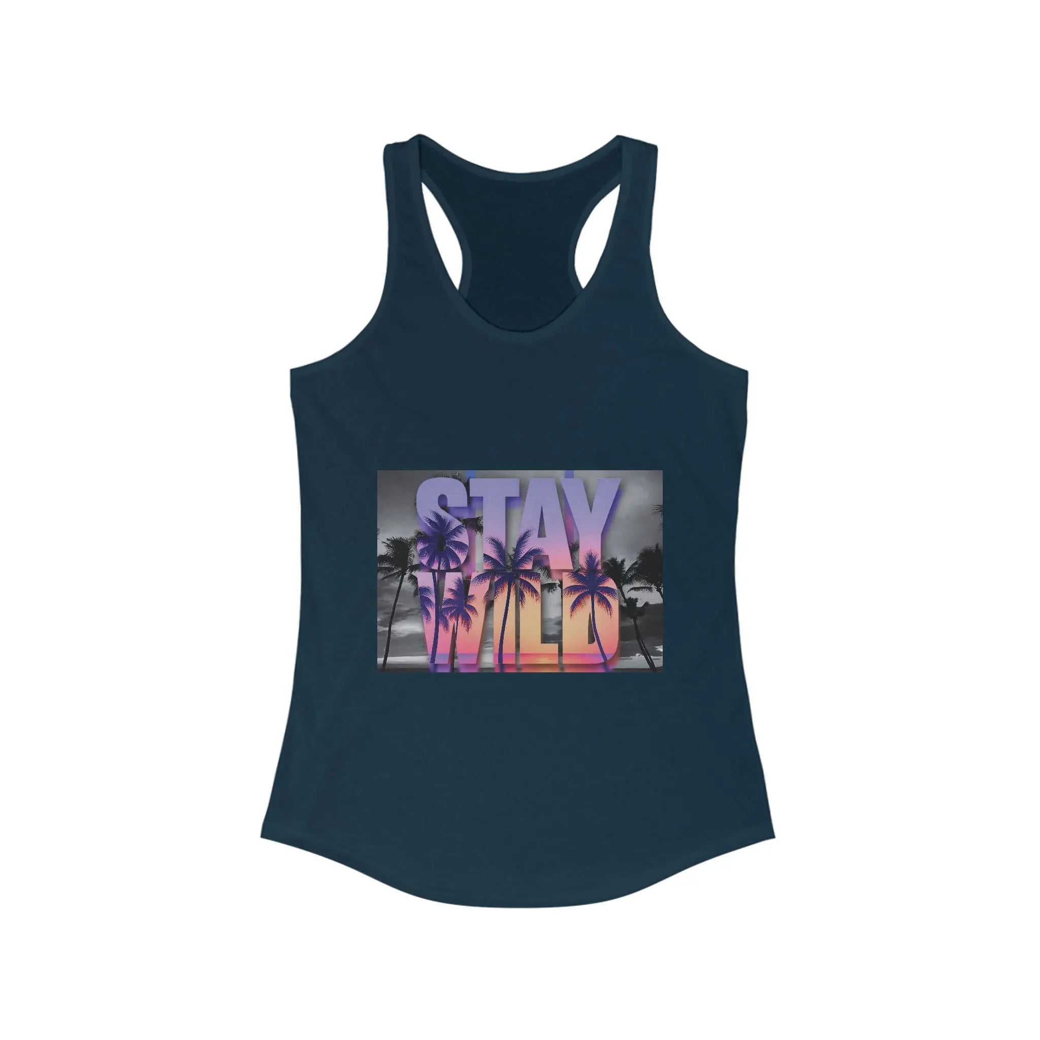 Navy tank top with 'Stay Wild' graphic design on a white background