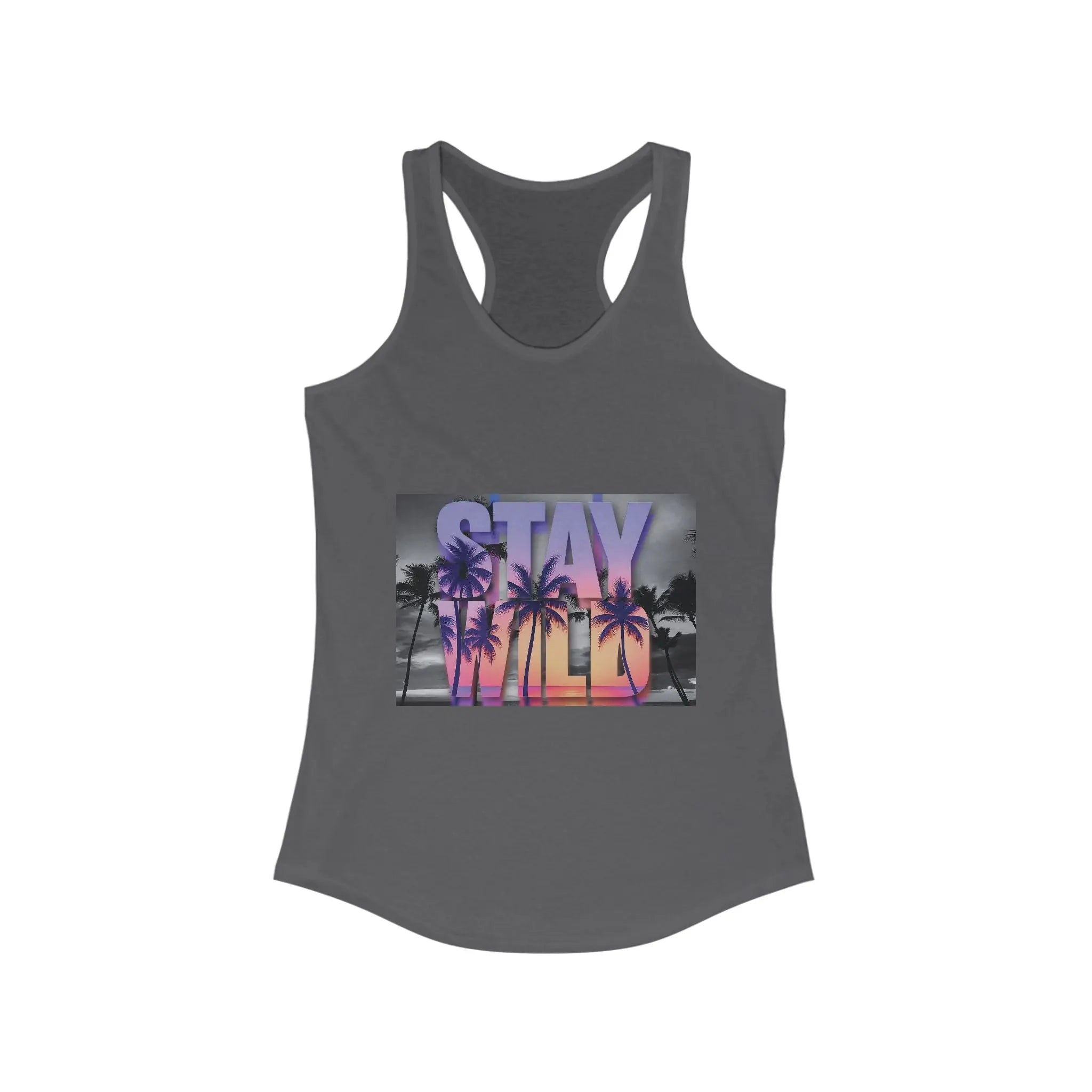 Gray tank top with 'Stay Wild' graphic design on a white background